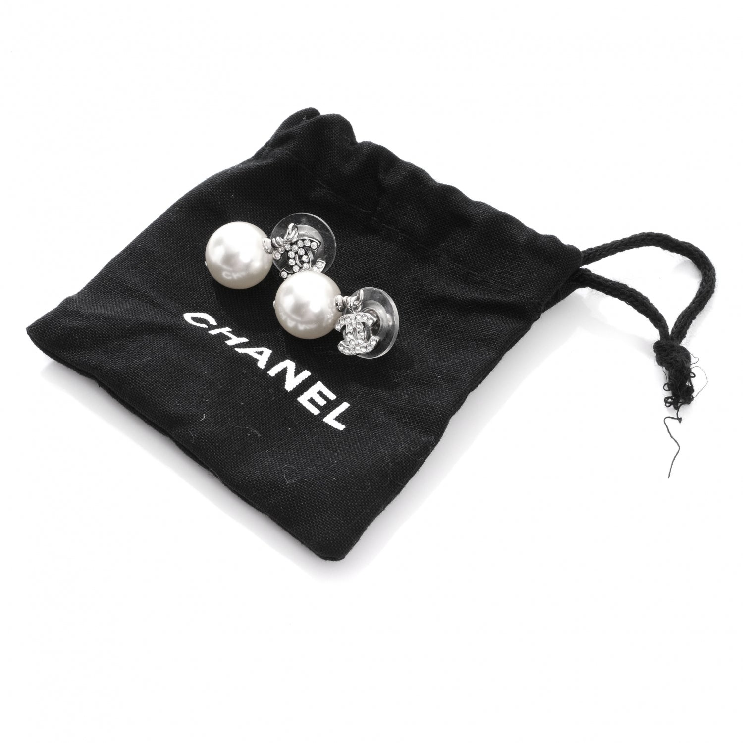Chanel Swarovski Crystal CC Pearl Dangle Earrings Silver 1 of 4