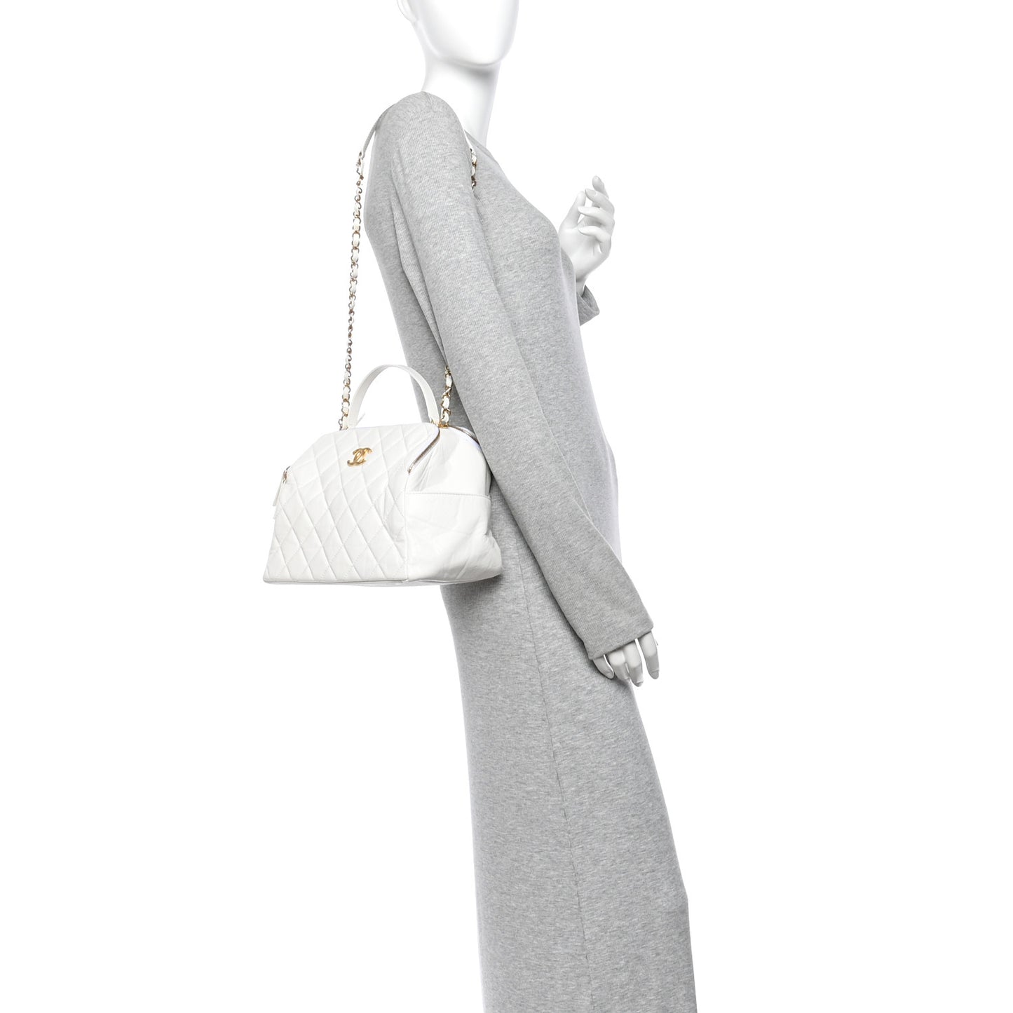 Aged Calfskin Quilted Double Sided Bowling Bag White