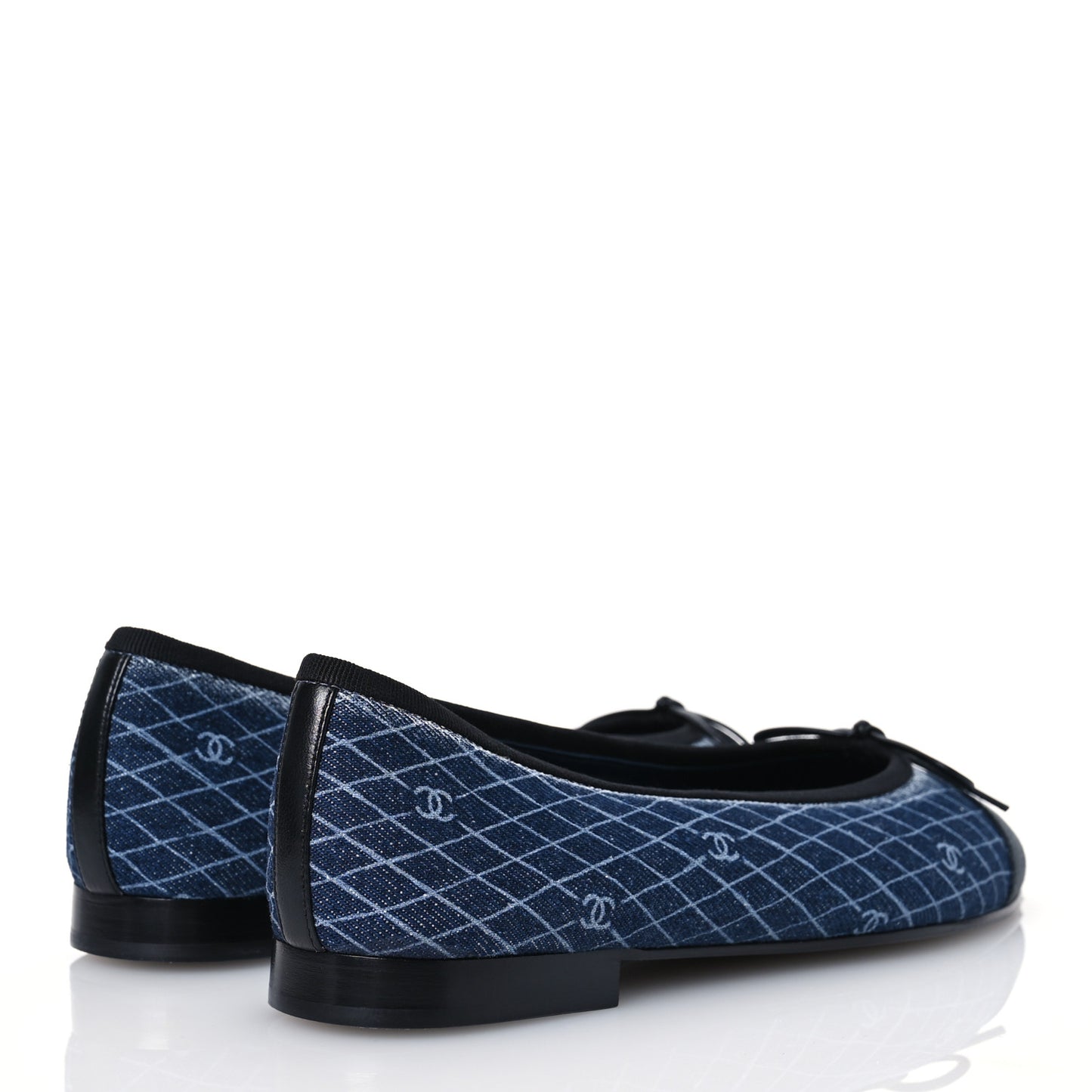 Denim Printed Quilt CC Cap Toe Ballerina Flats 38.5 Navy Blue Dark Grey
