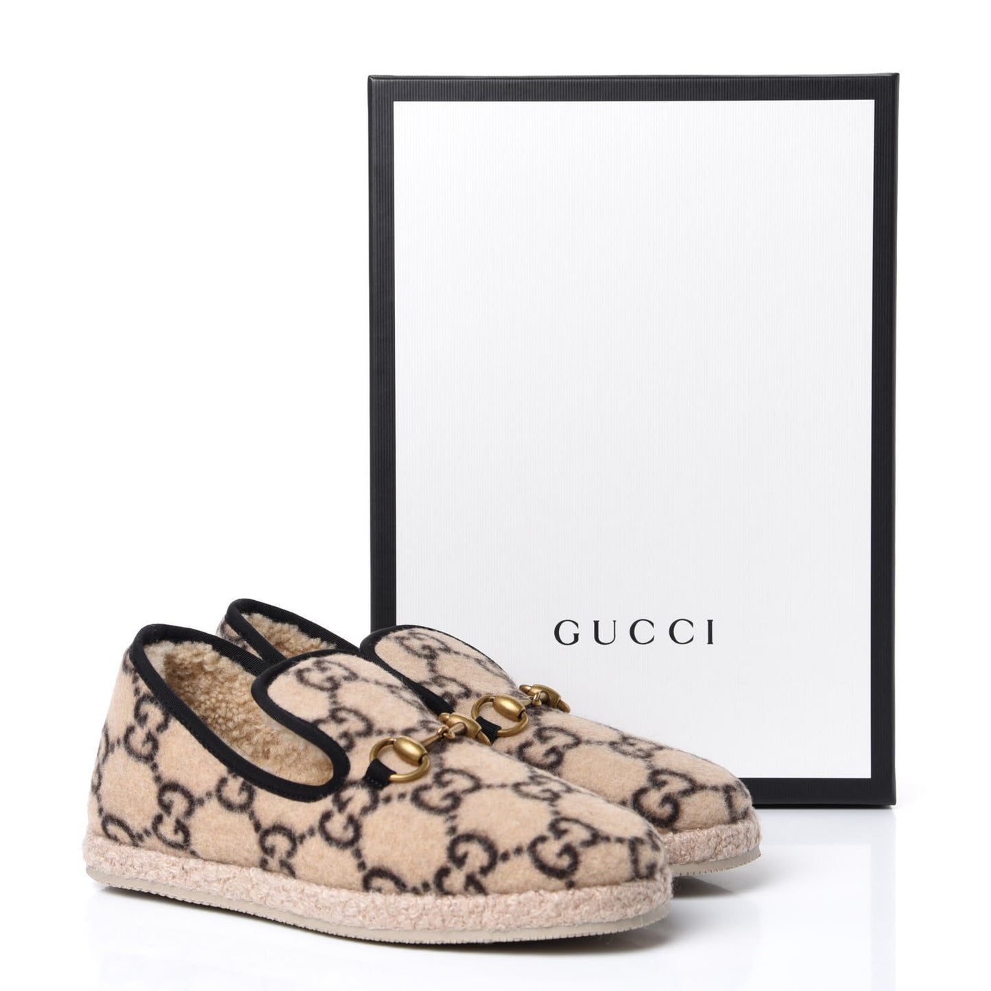 Covered Wool GG Monogram Womens Fria Horsebit Loafers 36 Beige Ebony Black Butterscotch