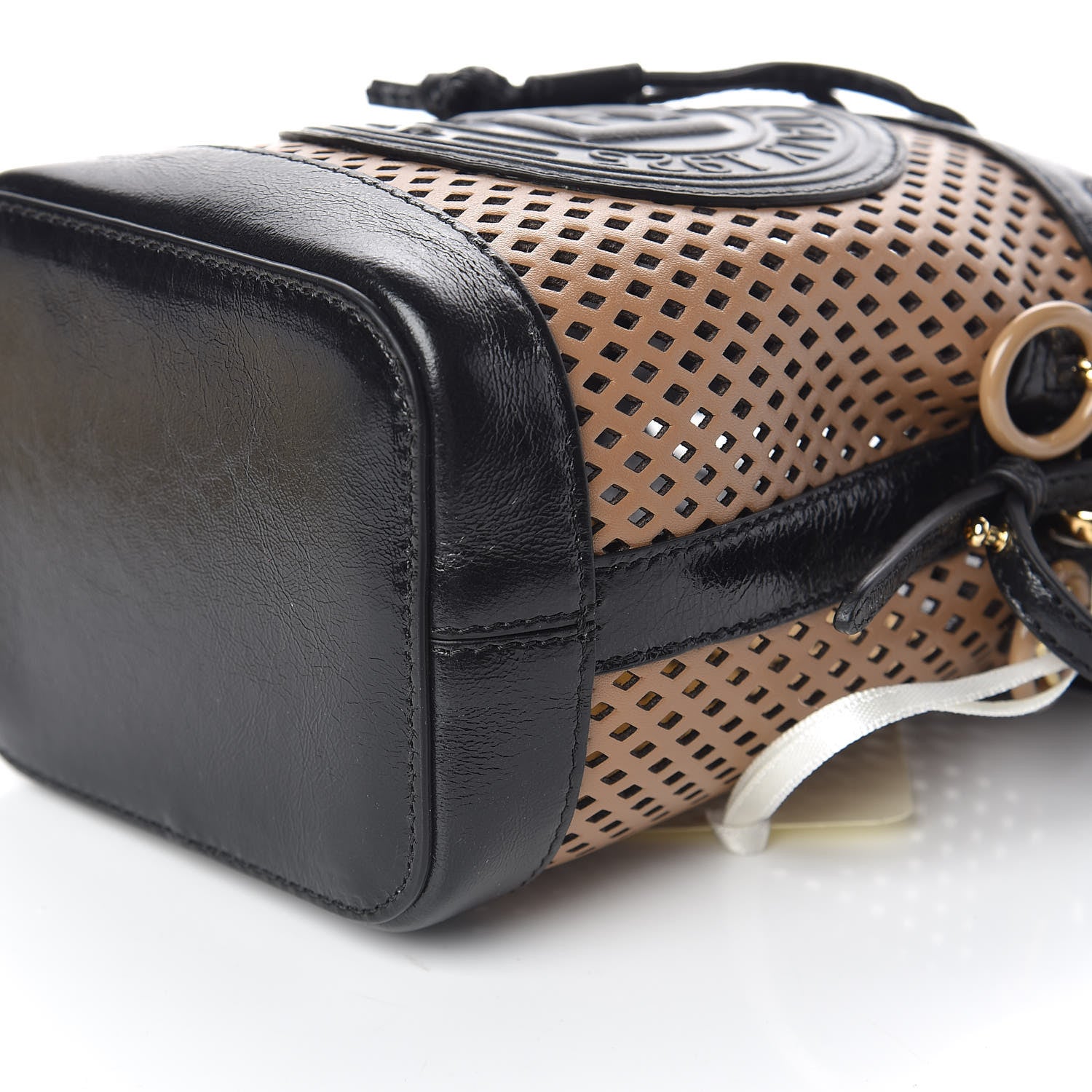 Fendi Vitello Liberty Glossy Lambskin F is Fendi Perforated Mini Mon Tresor Bucket Bag Sand Mimosa Black 8 of 9