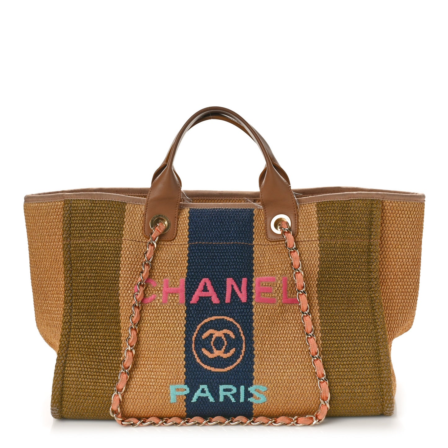 Straw Raffia Calfskin Striped Medium Deauville Tote Khaki Beige Navy Blue