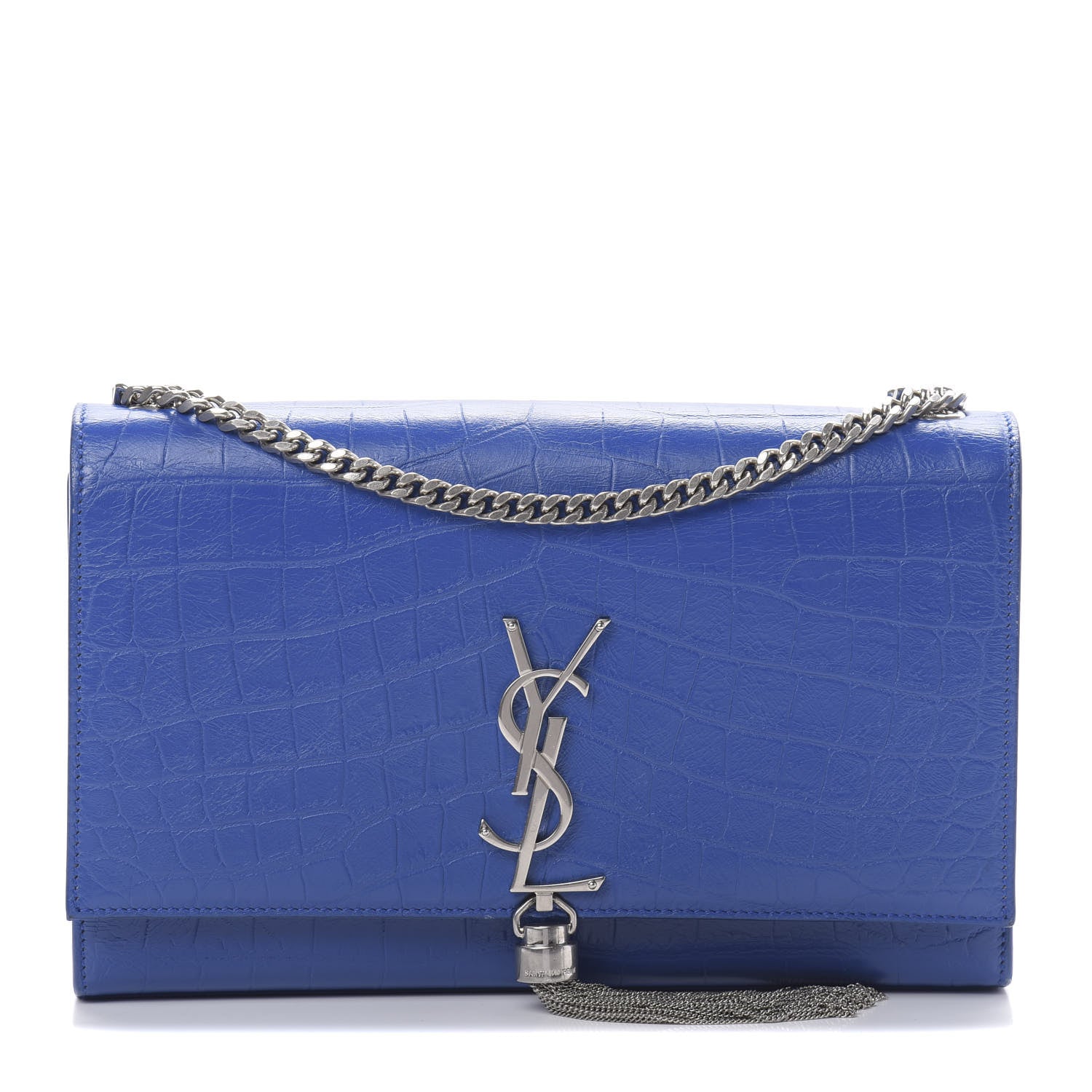 Saint Laurent Calfskin Crocodile Embossed Medium Classic Monogram Kate Tassel Satchel Bleu Majorelle 1 of 12