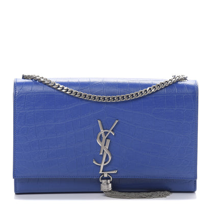 Saint Laurent Calfskin Crocodile Embossed Medium Classic Monogram Kate Tassel Satchel Bleu Majorelle 1 of 12