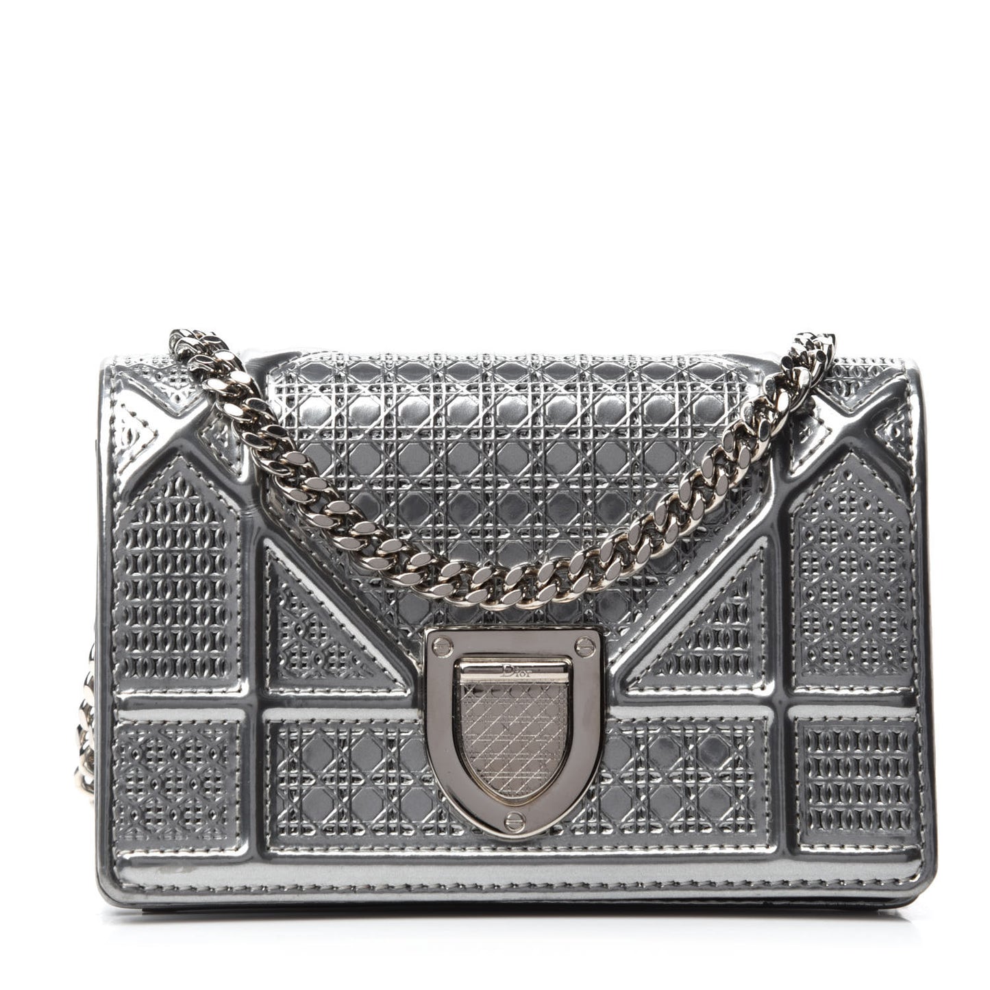 Metallic Patent Micro-Cannage Baby Diorama Flap Bag Silver