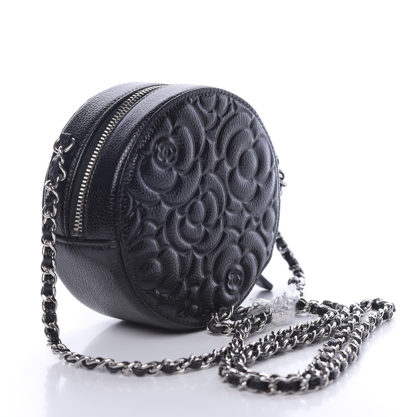 Caviar Camellia Embossed Round Clutch With Chain Black