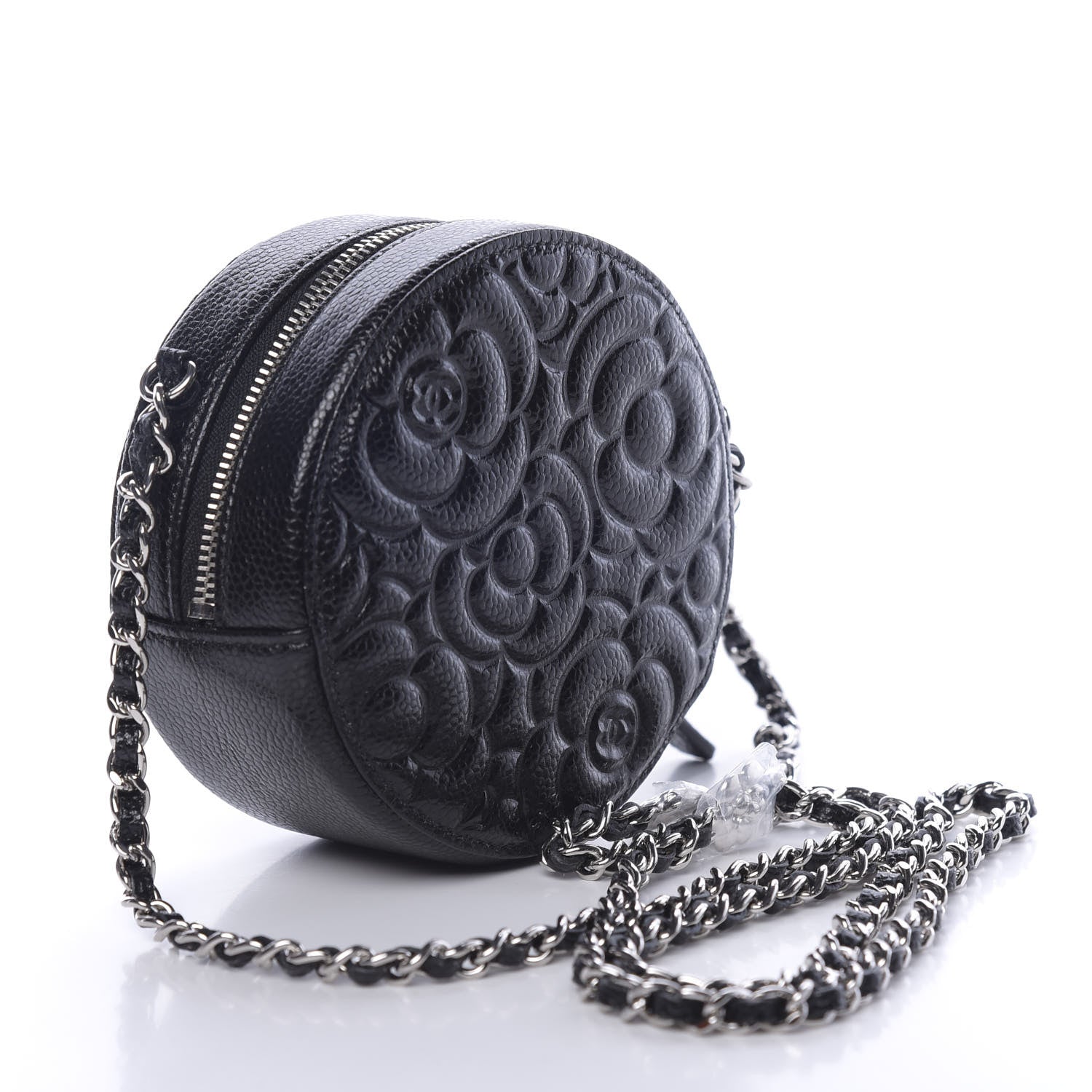 Chanel Caviar Camellia Embossed Round Clutch With Chain Black 3 of 11
