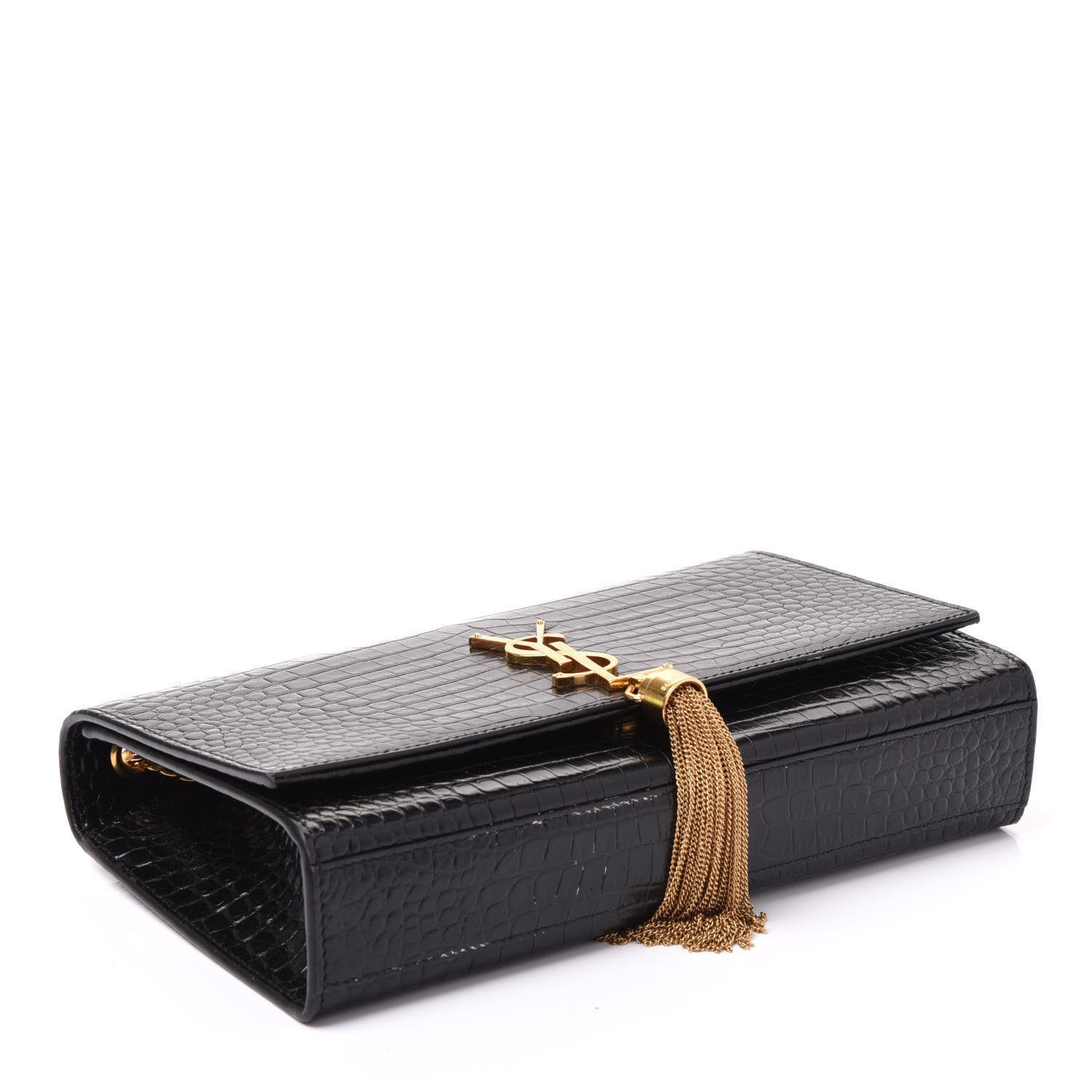 Saint Laurent Calfskin Crocodile Embossed Medium Classic Monogram Kate Tassel Satchel Black 3 of 8