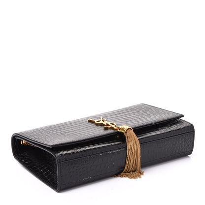 Saint Laurent Calfskin Crocodile Embossed Medium Classic Monogram Kate Tassel Satchel Black 3 of 8