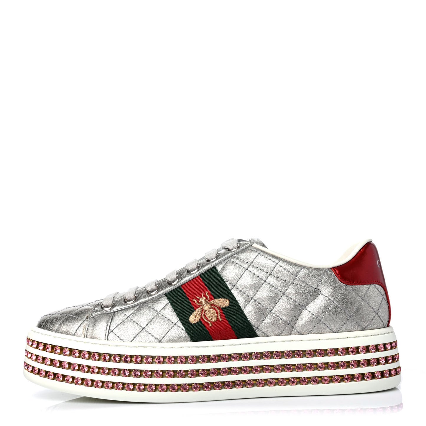 Laminated Nappa Crystal Web Bee Embroidered Trapuntata Womens Ace Platform Sneakers 36 Argento
