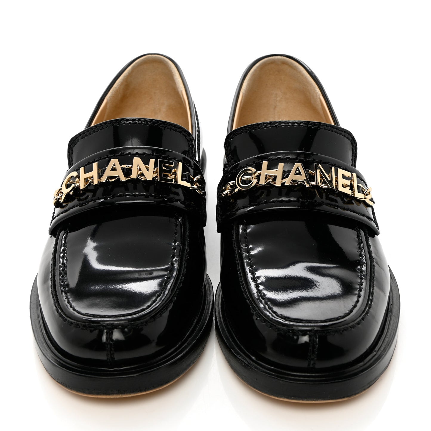 Shiny Calfskin Logo Loafers 35 Black
