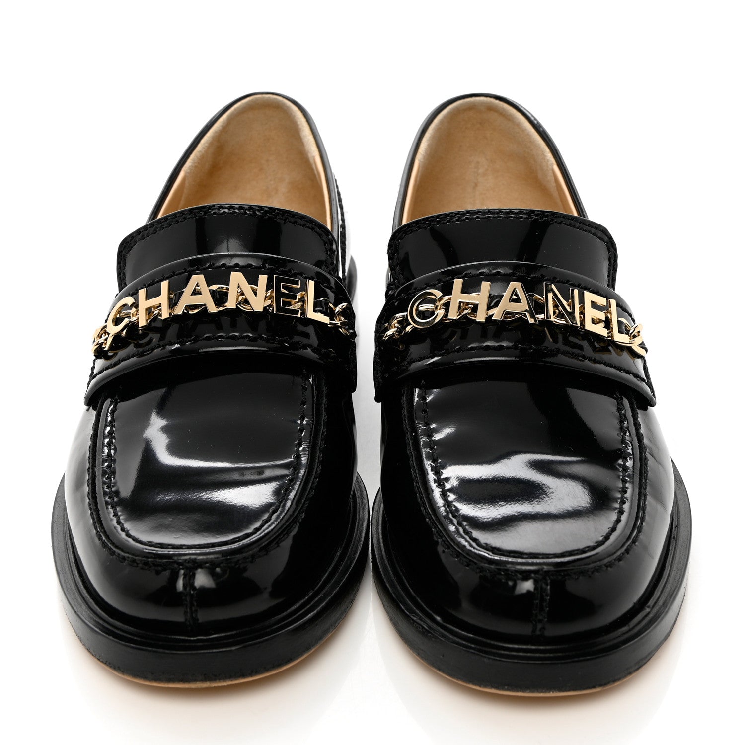 Chanel Shiny Calfskin Logo Loafers 35 Black 5 of 18