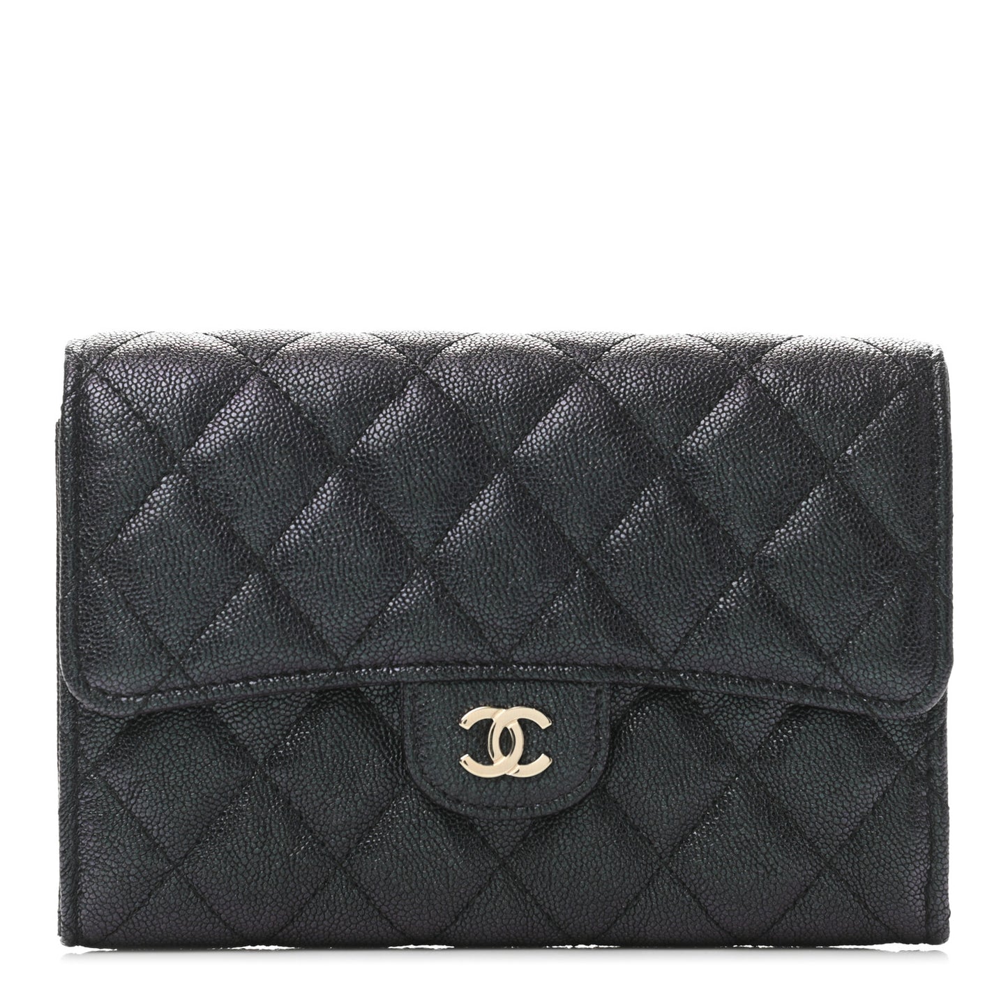 Iridescent Caviar Quilted Medium Flap Wallet Black
