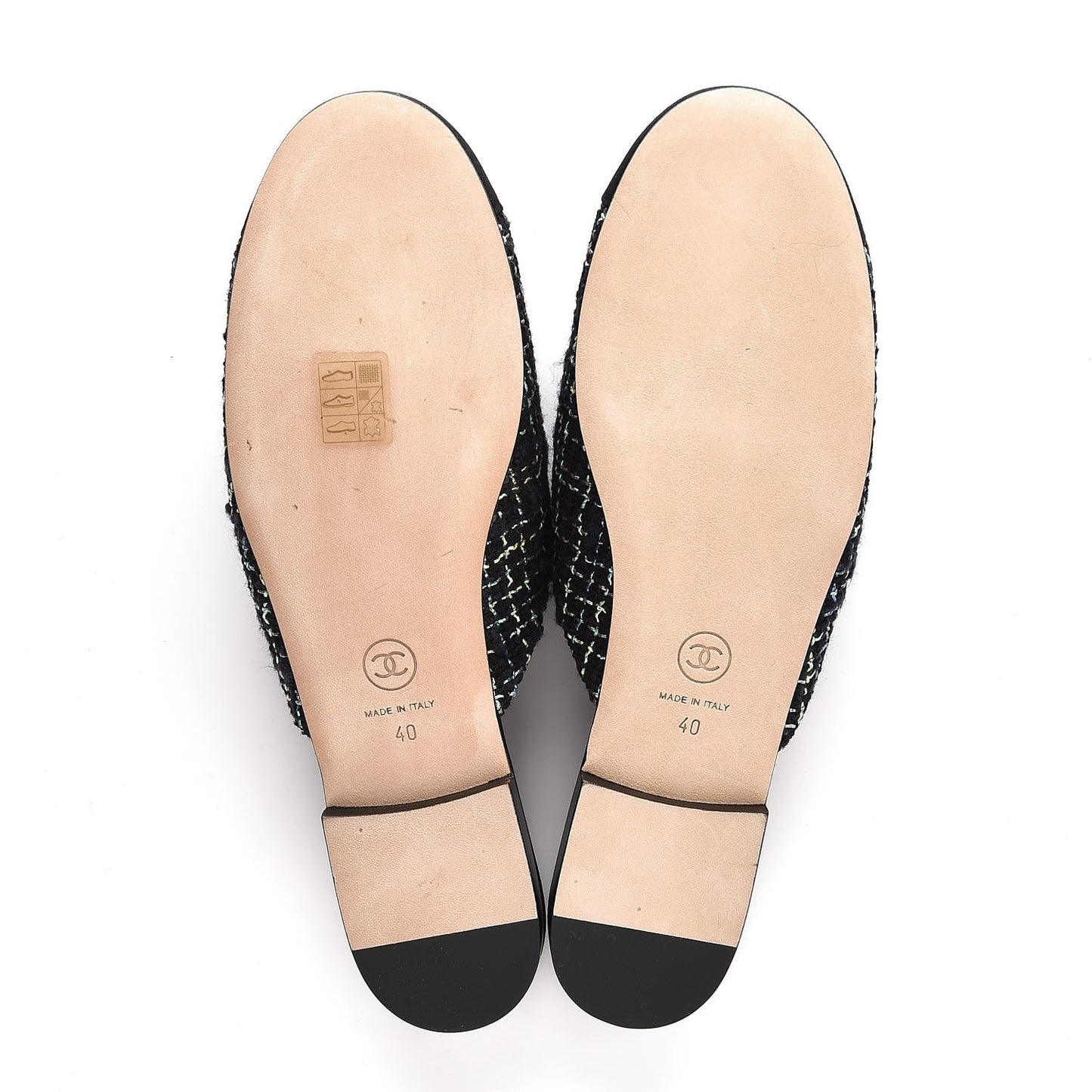 Tweed Grosgrain Camellia CC Flat Mules 40 Black Green