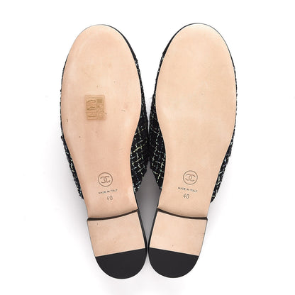 Chanel Tweed Grosgrain Camellia CC Flat Mules 40 Black Green 5 of 10