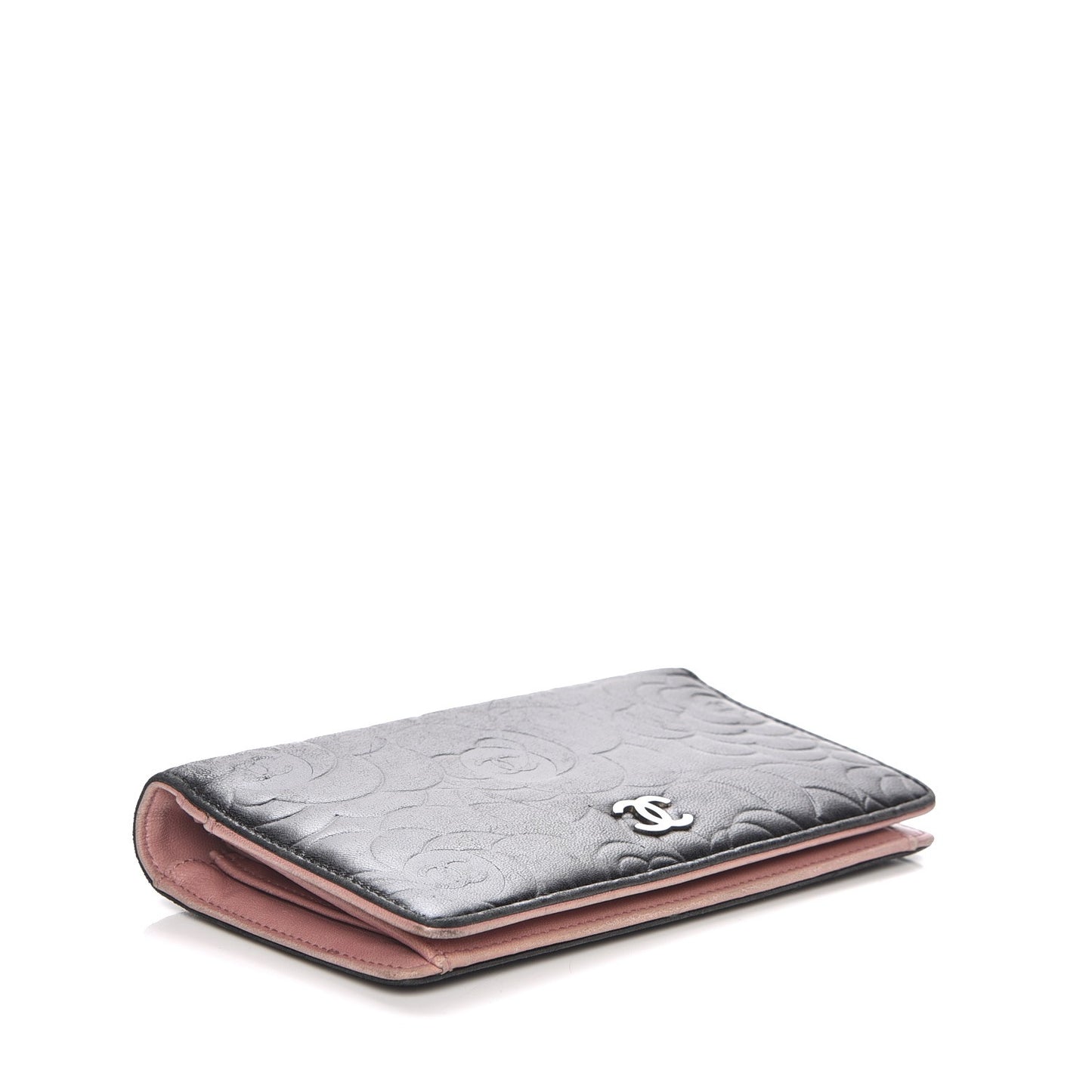 Lambskin Camellia Embossed Yen Wallet Black