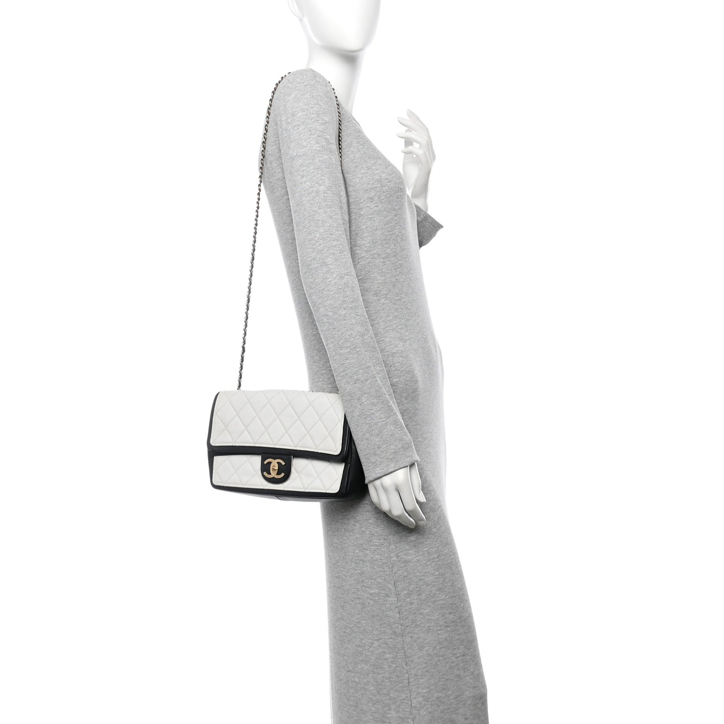 Calfskin Quilted Graphic Flap Bag Black White