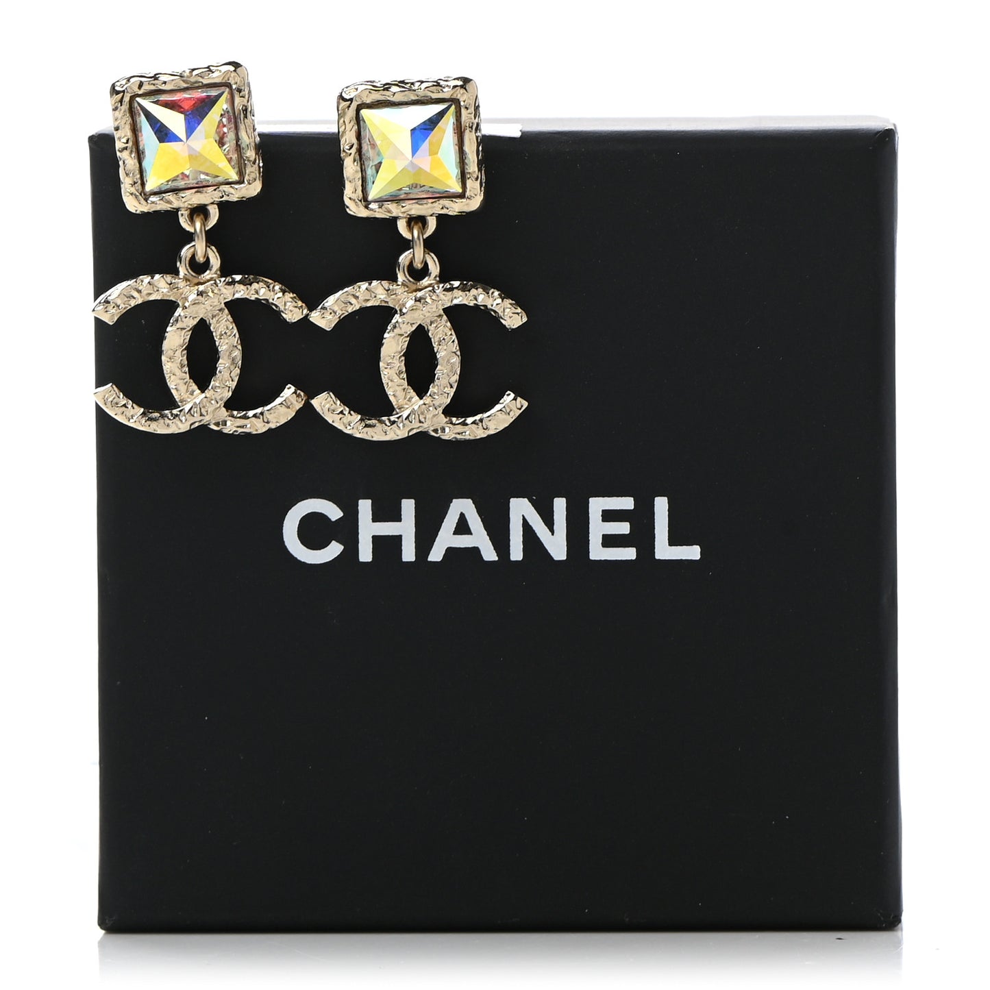 Iridescent Baguette Crystal CC Drop Earrings Gold