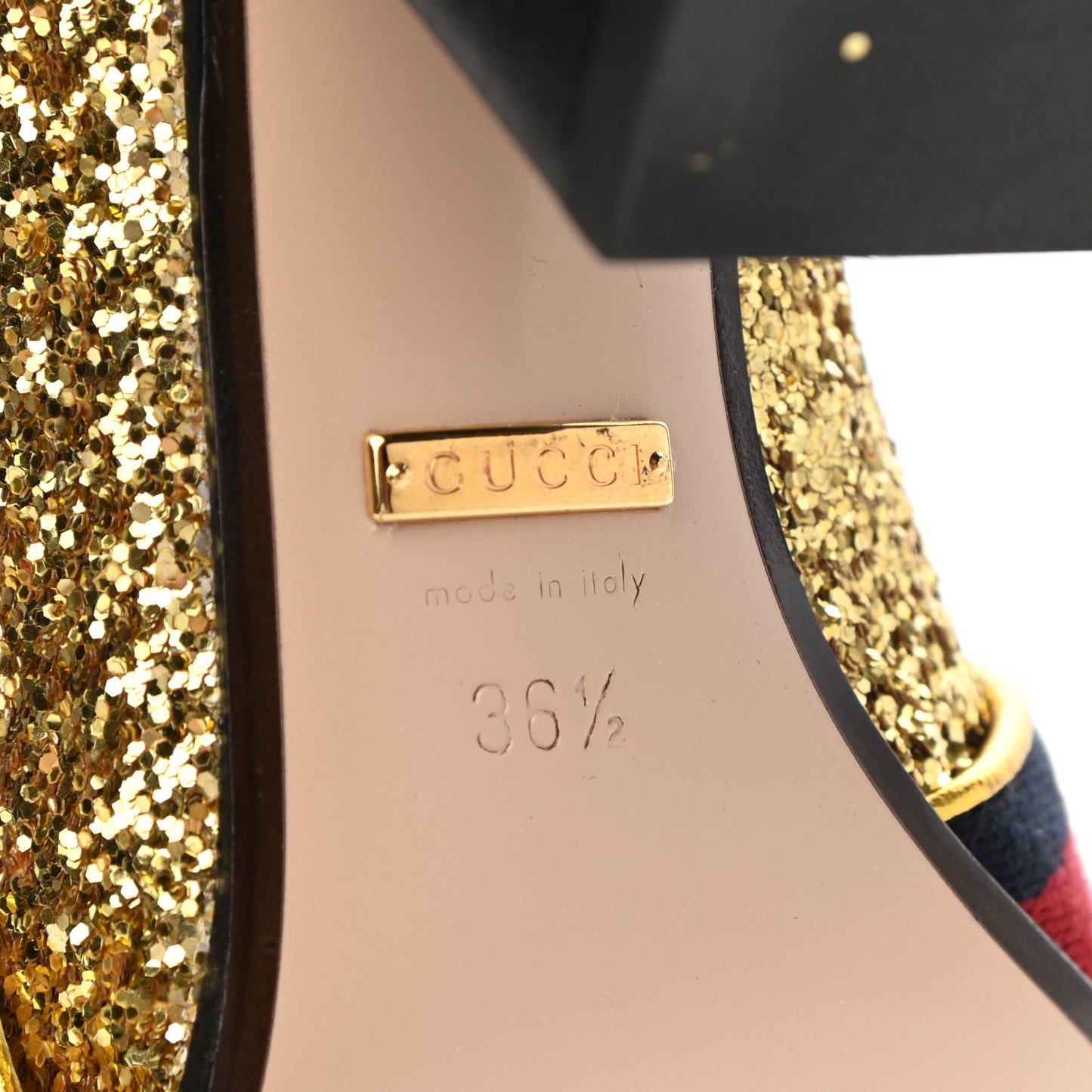 Glitter Nappa Web Peyton 75mm Loafer Pumps 36.5 Oro Vecchio