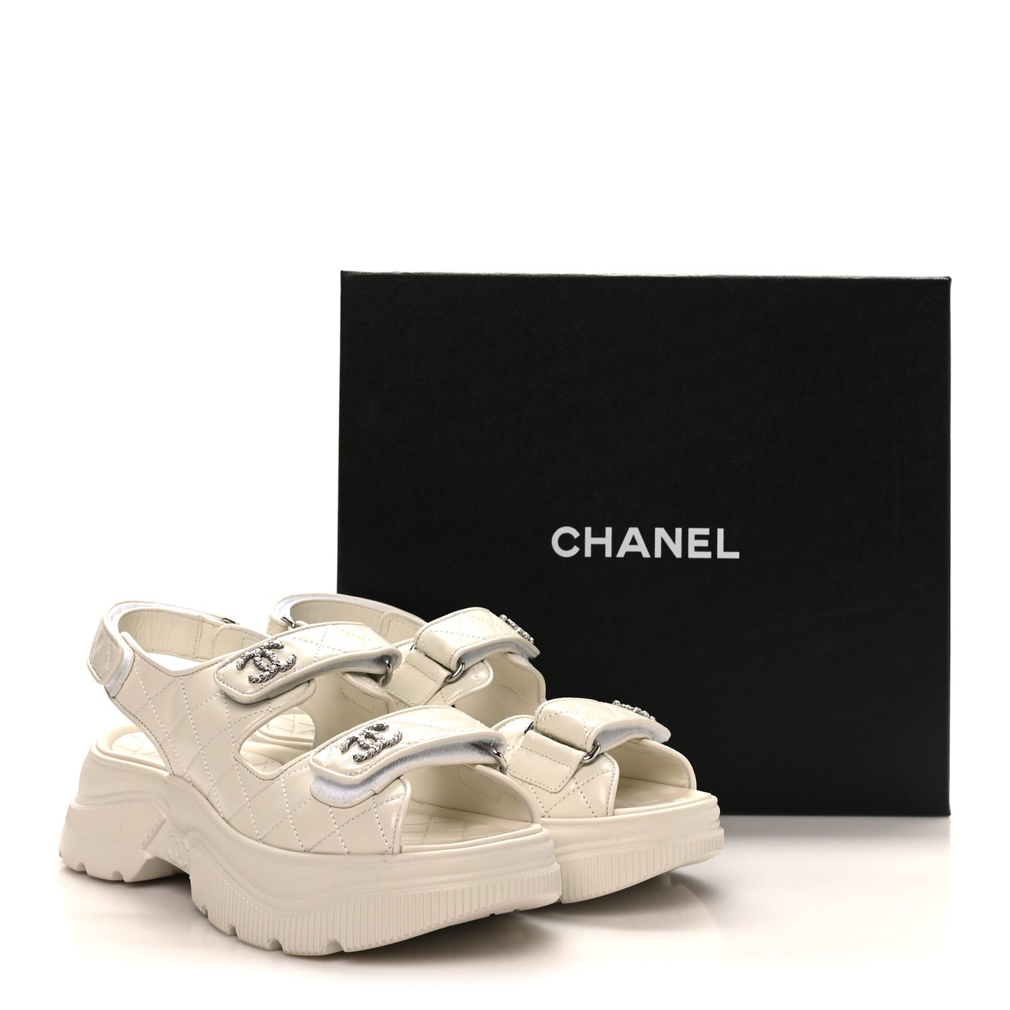Shiny Calfskin Chain CC Velcro Dad Platform Sandals 39 White