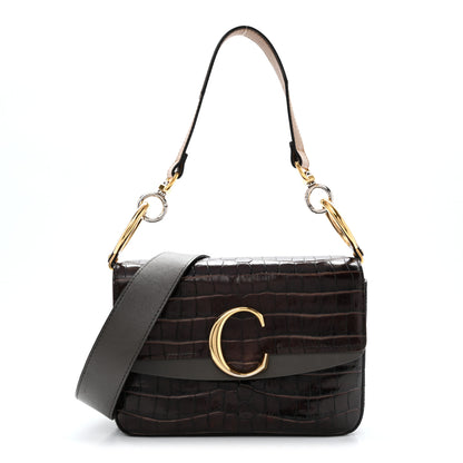 Chloe Calfskin Crocodile Embossed Small C Double Carry Profound Brown 1 of 15