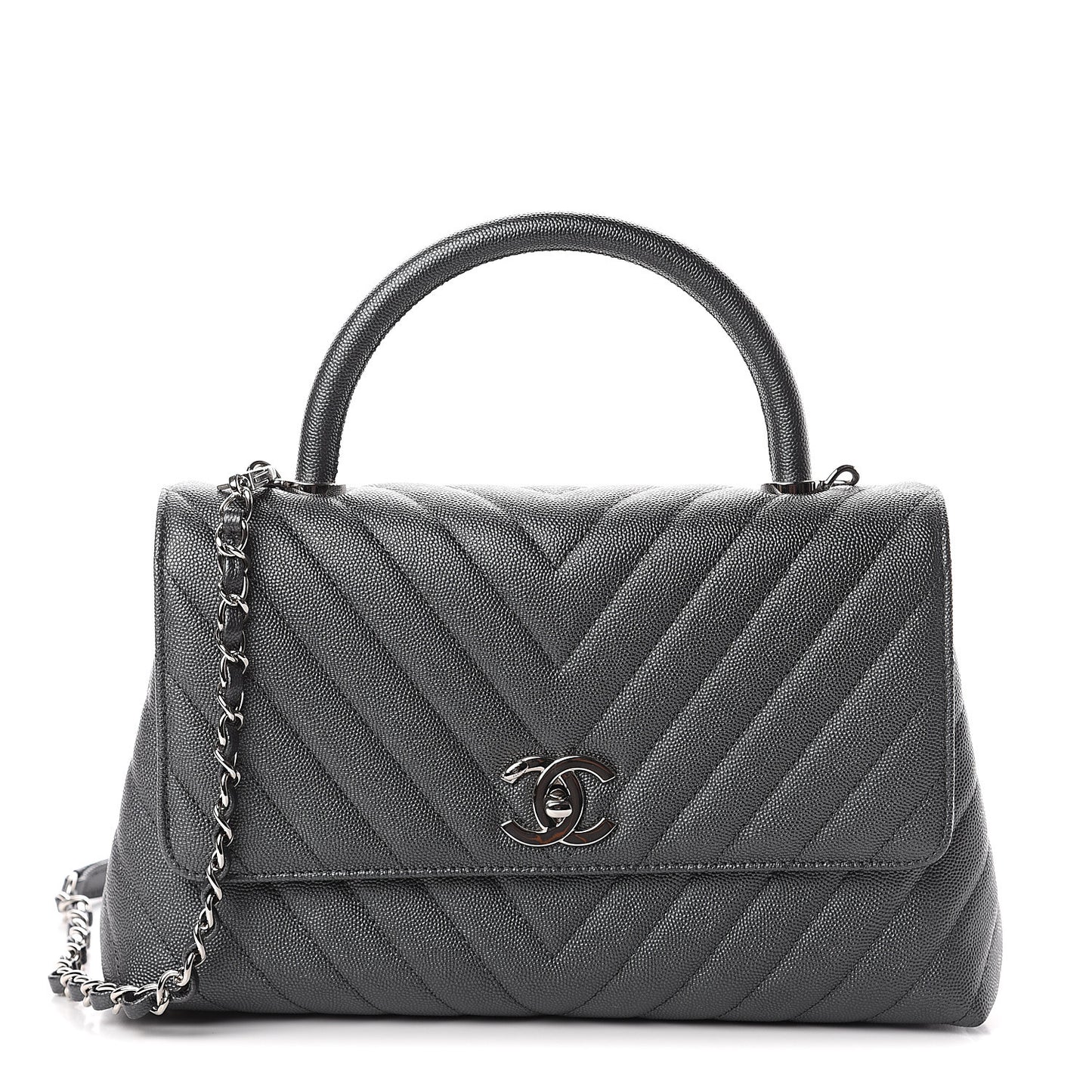 Caviar Chevron Quilted Small Coco Handle Flap Dark Grey