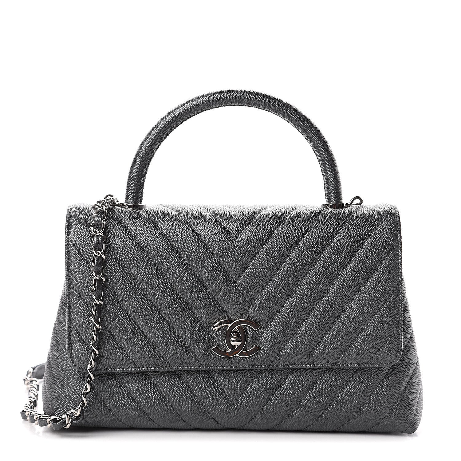 Chanel Caviar Chevron Quilted Small Coco Handle Flap Dark Grey 1 of 9