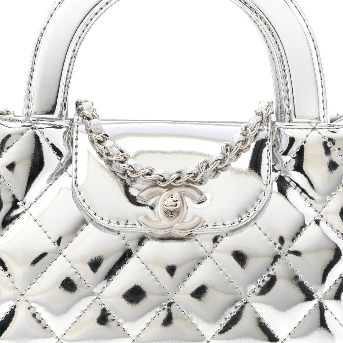 Mirror Calfskin Metallic Calfskin Quilted Nano Kelly Shopper Silvery