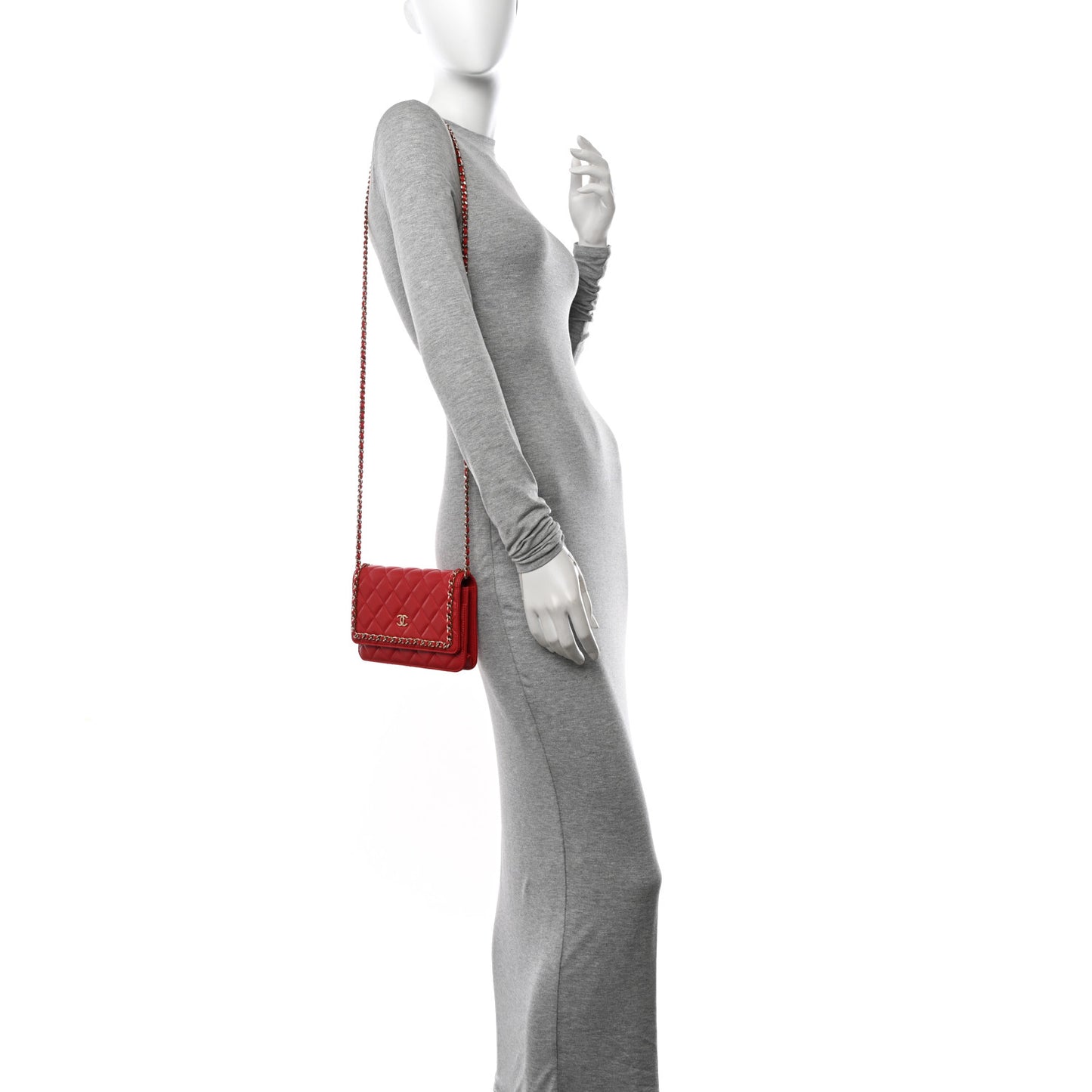 Lambskin Quilted Chain Around Wallet On Chain WOC Red