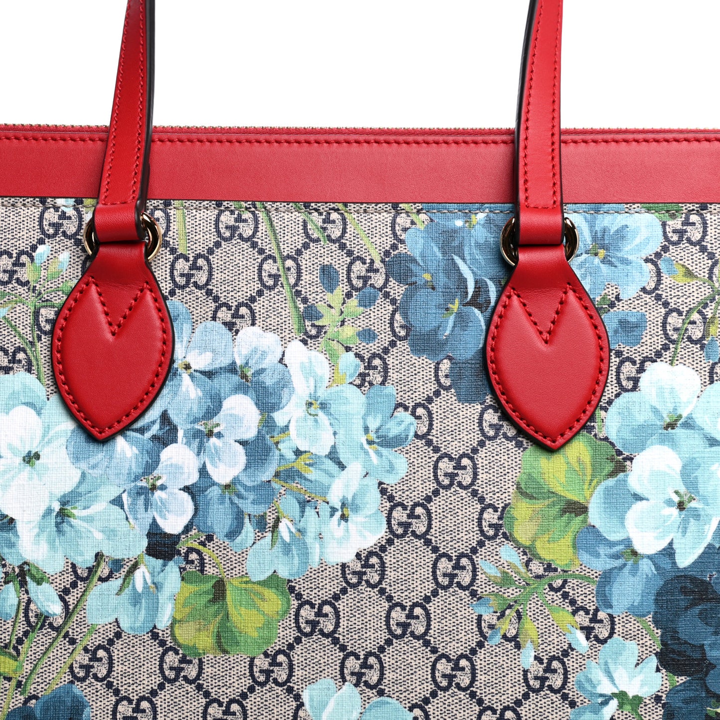 GG Supreme Monogram Blooms Medium Zippered Bucket Tote Beige Blue Navy Hibiscus Red