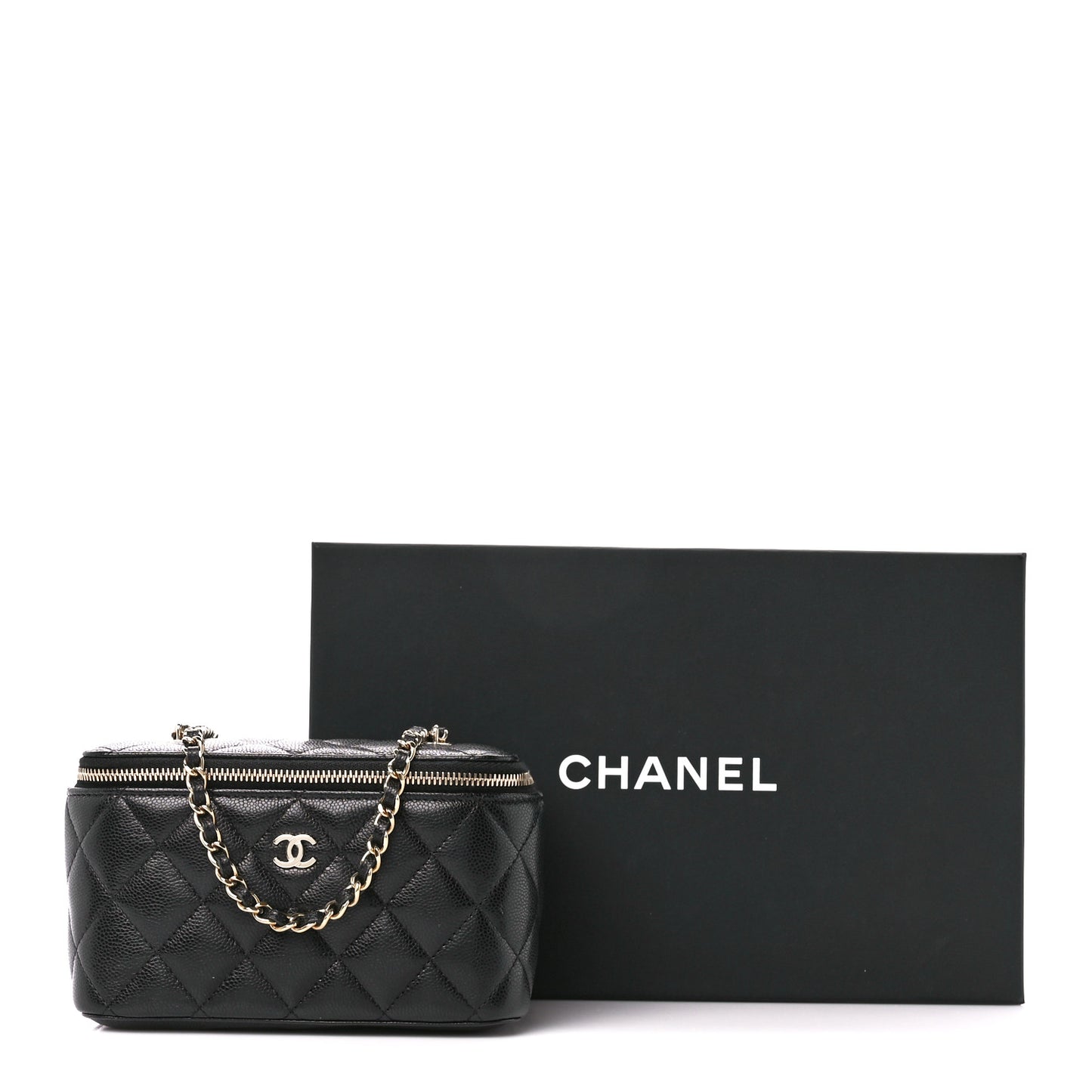 Caviar Quilted Small Vanity Case With Chain Black