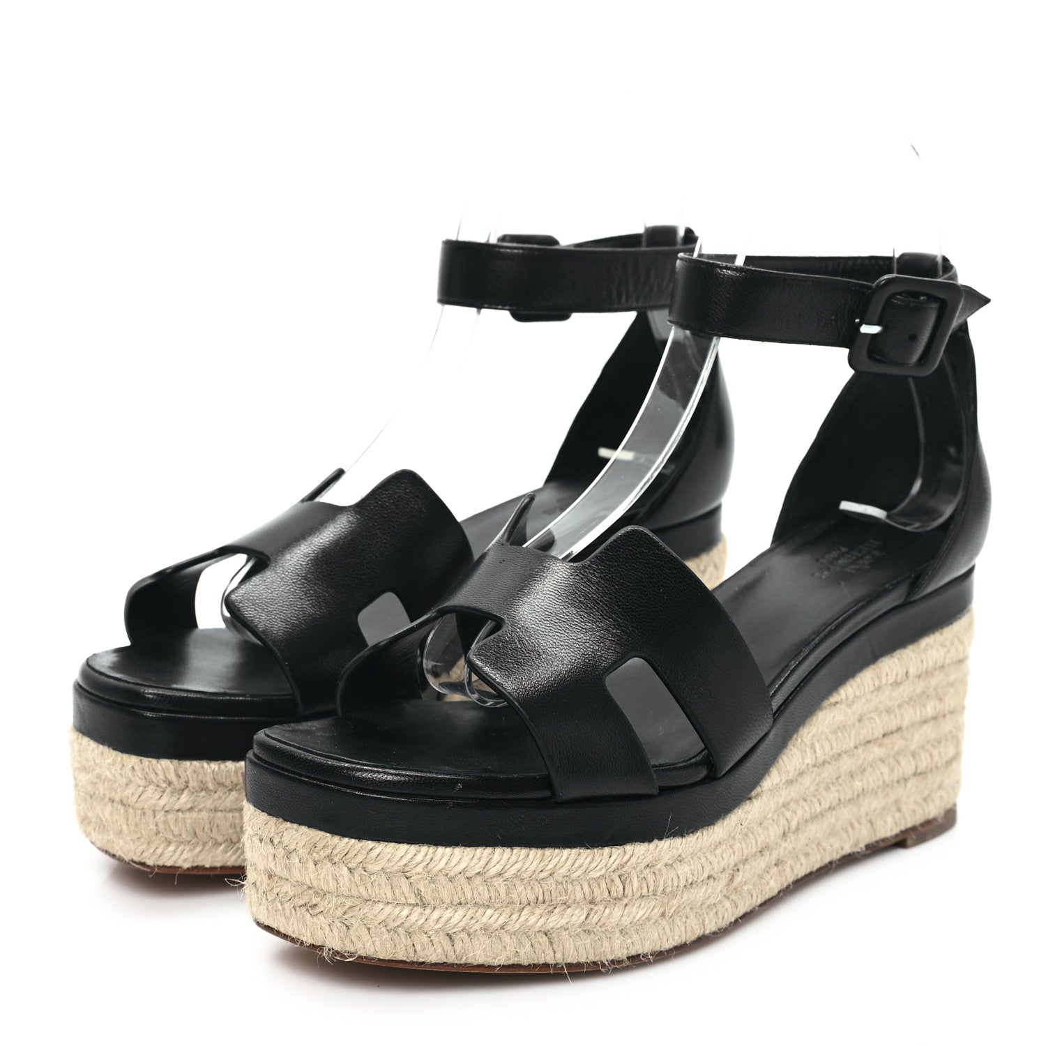 Hermes Goatskin Elda Espadrille Wedge Sandals 37 Black 3 of 9