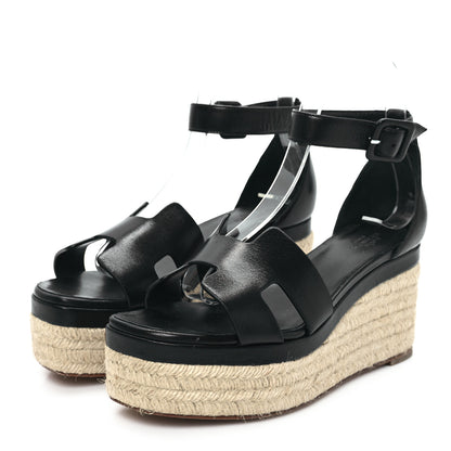 Hermes Goatskin Elda Espadrille Wedge Sandals 37 Black 3 of 9
