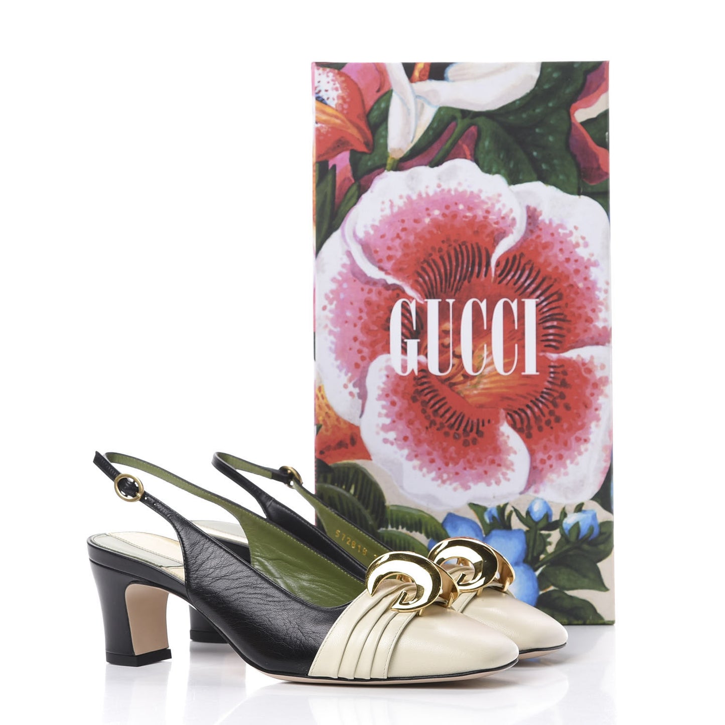 Malaga Kid Half Moon GG Square Toe Slingback Pumps 36 Black Vintage White