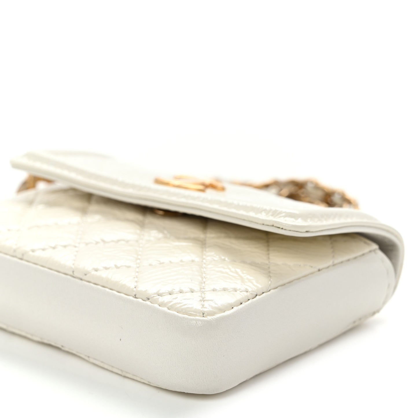 Shiny Aged Calfskin Quilted Waist Belt Bag White