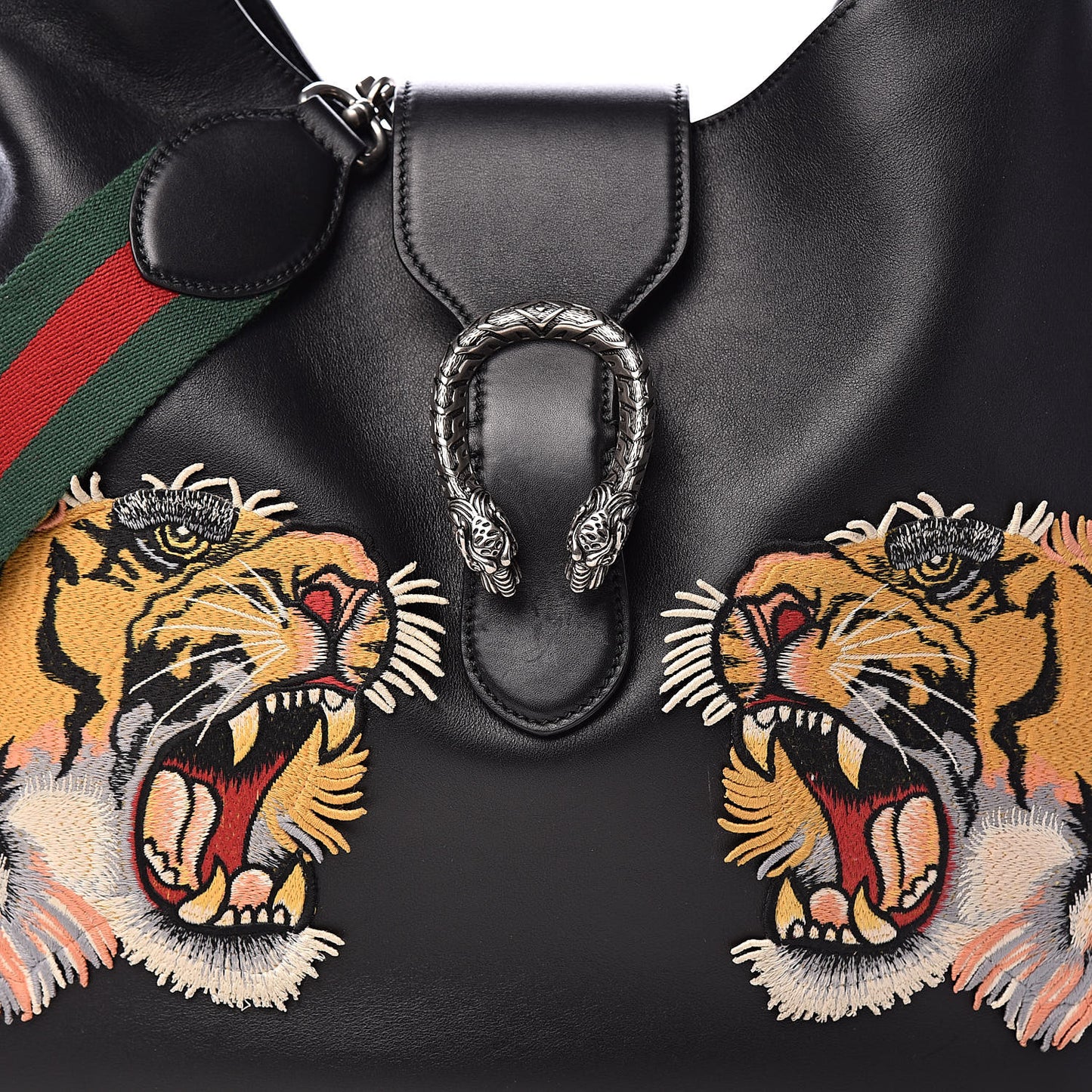 Calfskin Web Tiger Embroidered Large Dionysus Hobo Black