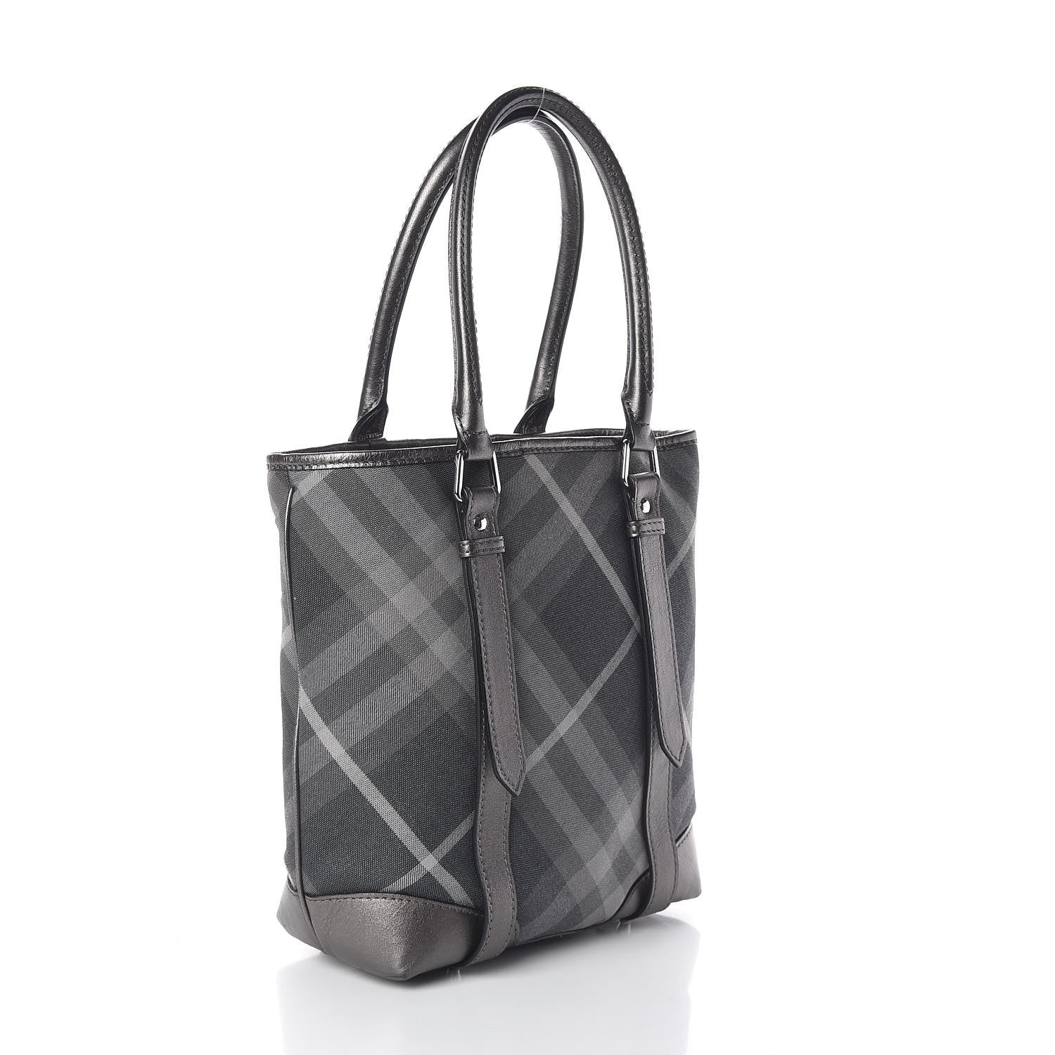 Burberry Canvas Calfskin Shimmer Check Tote Grey 3 of 9