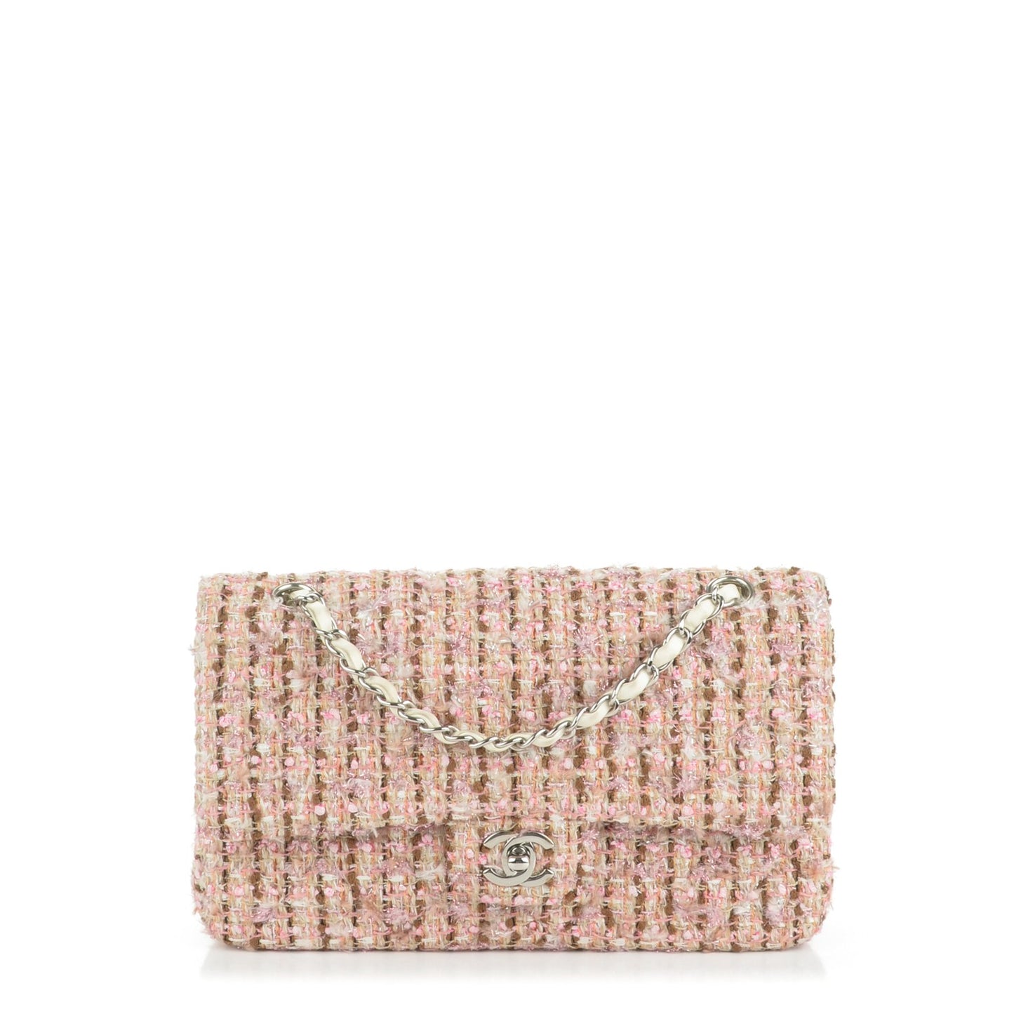 Tweed Quilted Medium Double Flap Pink Gold