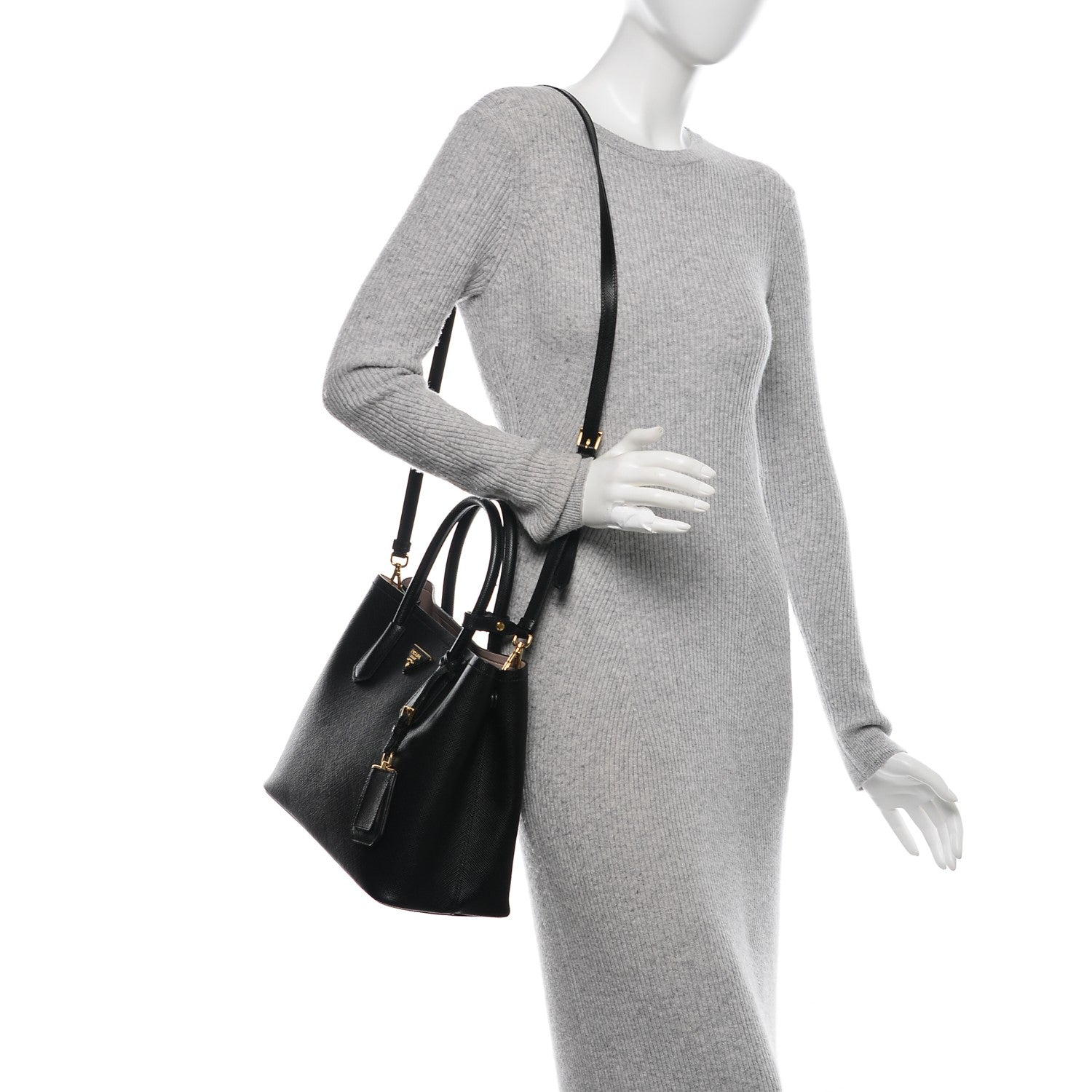 Prada Saffiano Cuir Medium Double Bag Black Mughetto 2 of 6
