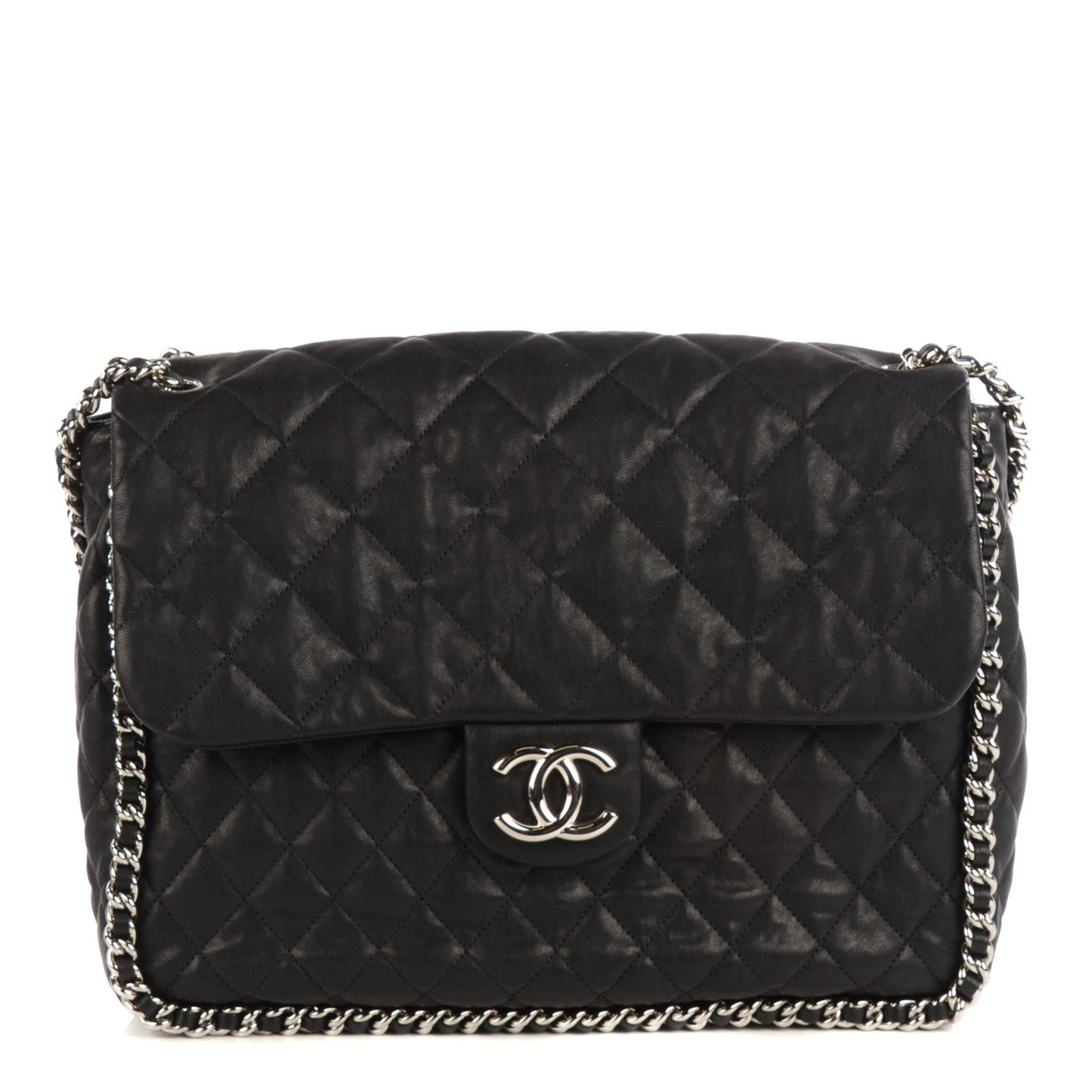 Crumpled Lambskin Quilted Chain Around Maxi Flap Black
