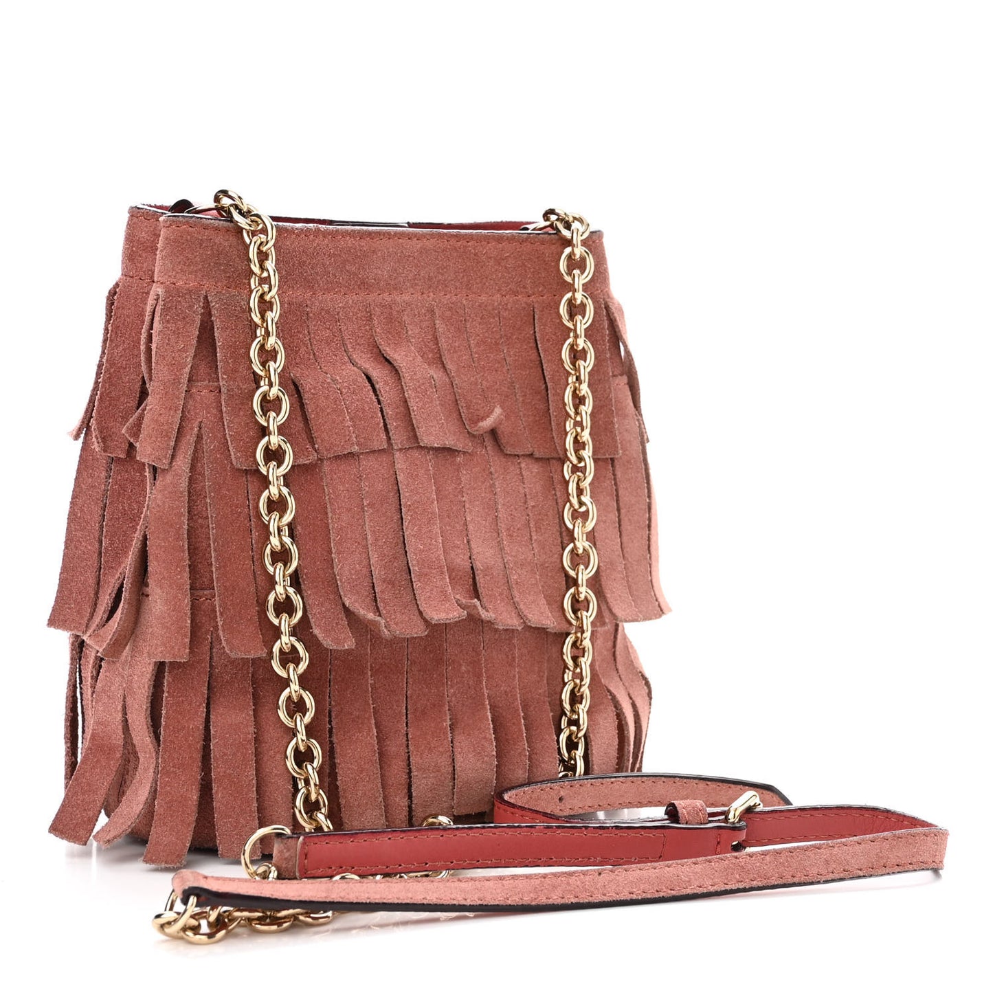 Suede Fringe Mini Bucket Bag Russet Pink