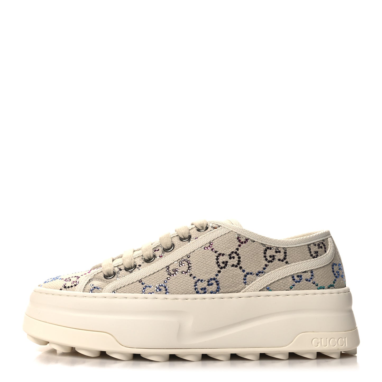Canvas Lame Crystal GG Monogram Womens 1977 Tennis Platform 52mm Sneakers 36 Gardenia Silver Mystic White