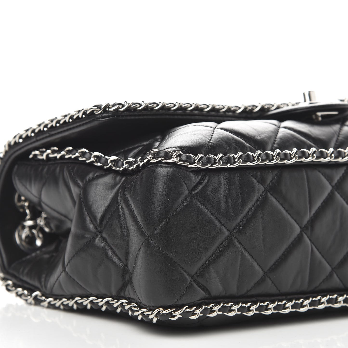 Crumpled Calfskin Quilted Large Chain All Over Flap Bag Black