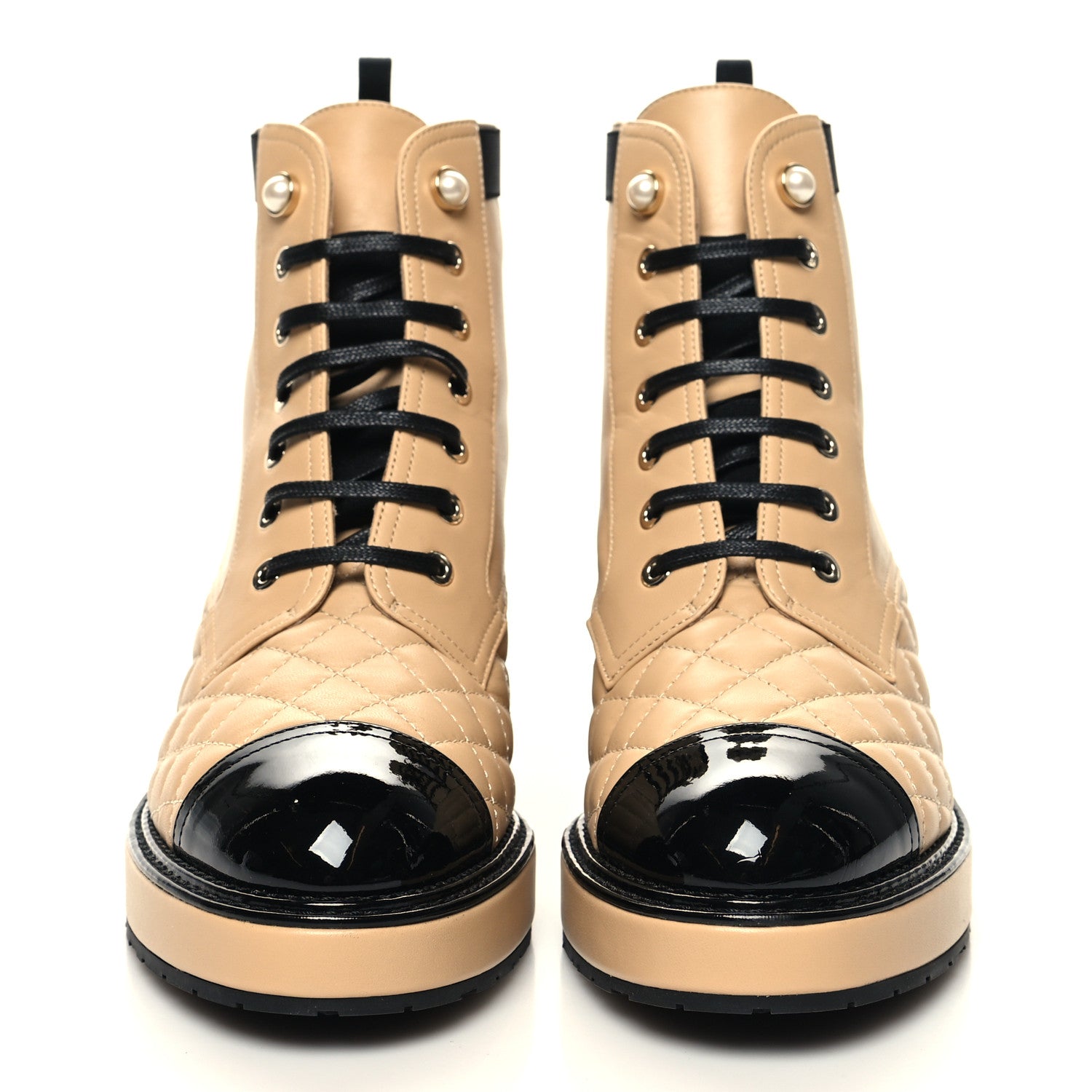 Chanel Lambskin Patent Calfskin Quilted Lace Up Boots 38.5 Beige Black 2 of 9