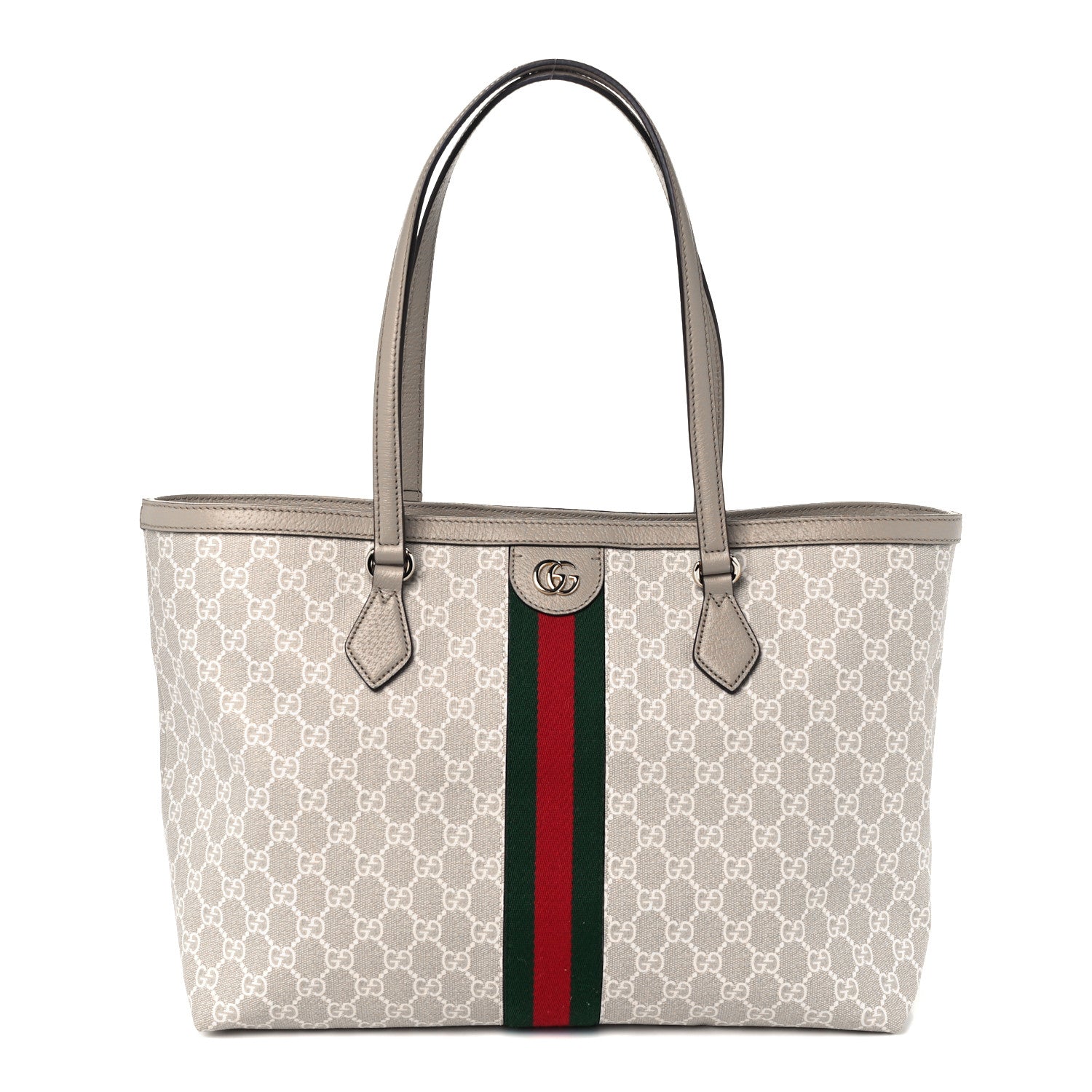 Gucci GG Supreme Monogram Textured Dollar Calfskin Web Medium Ophidia Shopping Tote Beige Mystic White Oatmeal 1 of 10