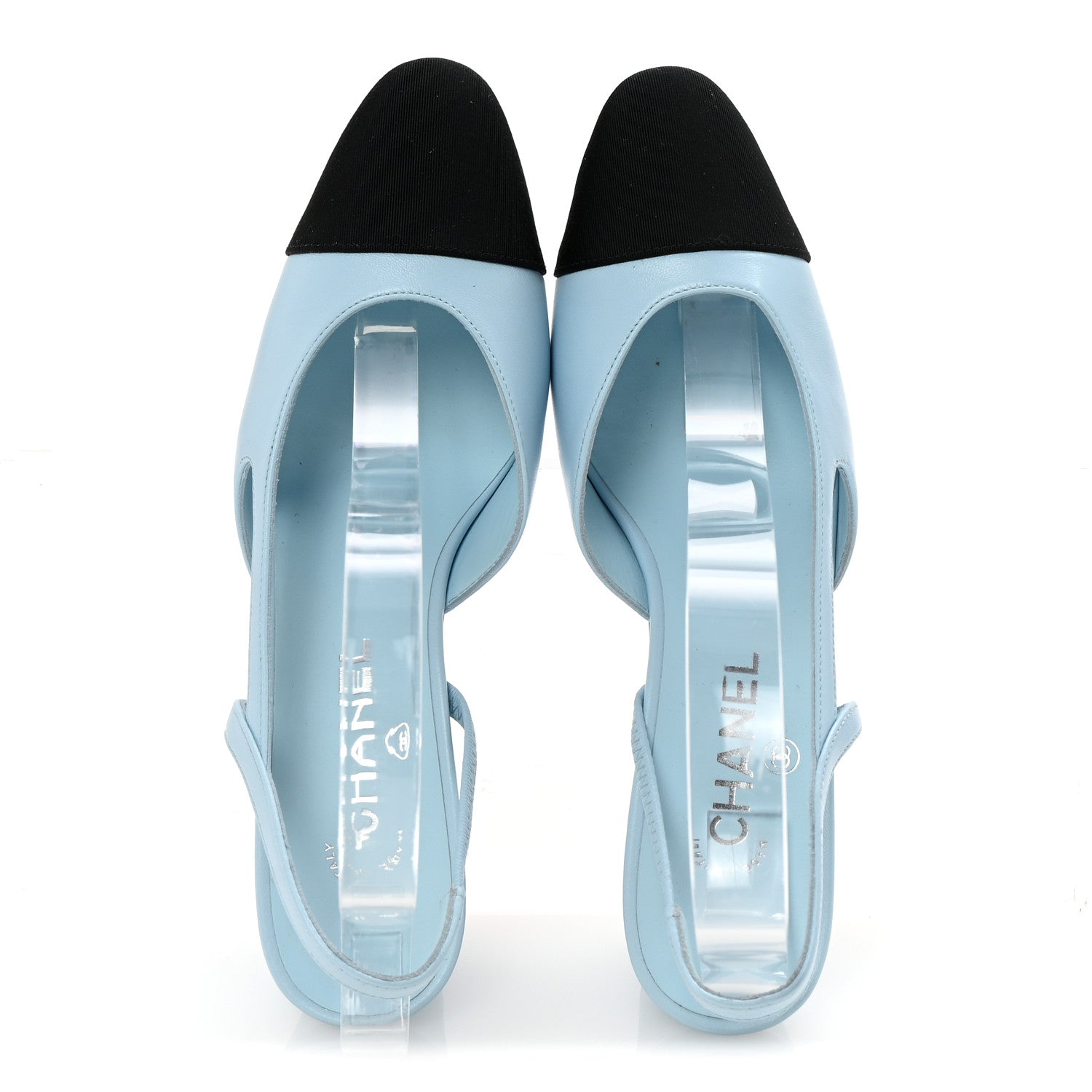 Chanel Lambskin Grosgrain Cap Toe CC Slingback Pumps 38 Light Blue Black 2 of 10