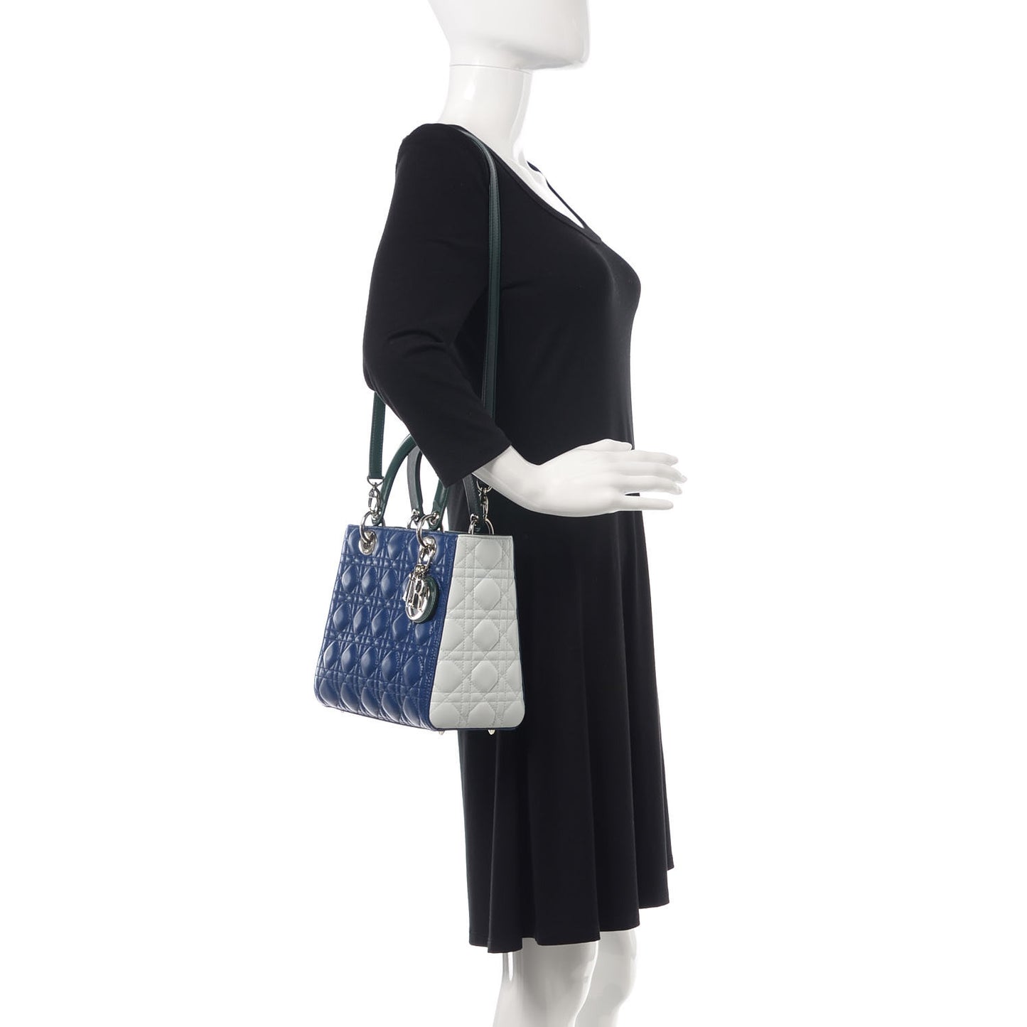 Lambskin Cannage Medium Tri-Color Lady Dior Blue Celeste Deep Green