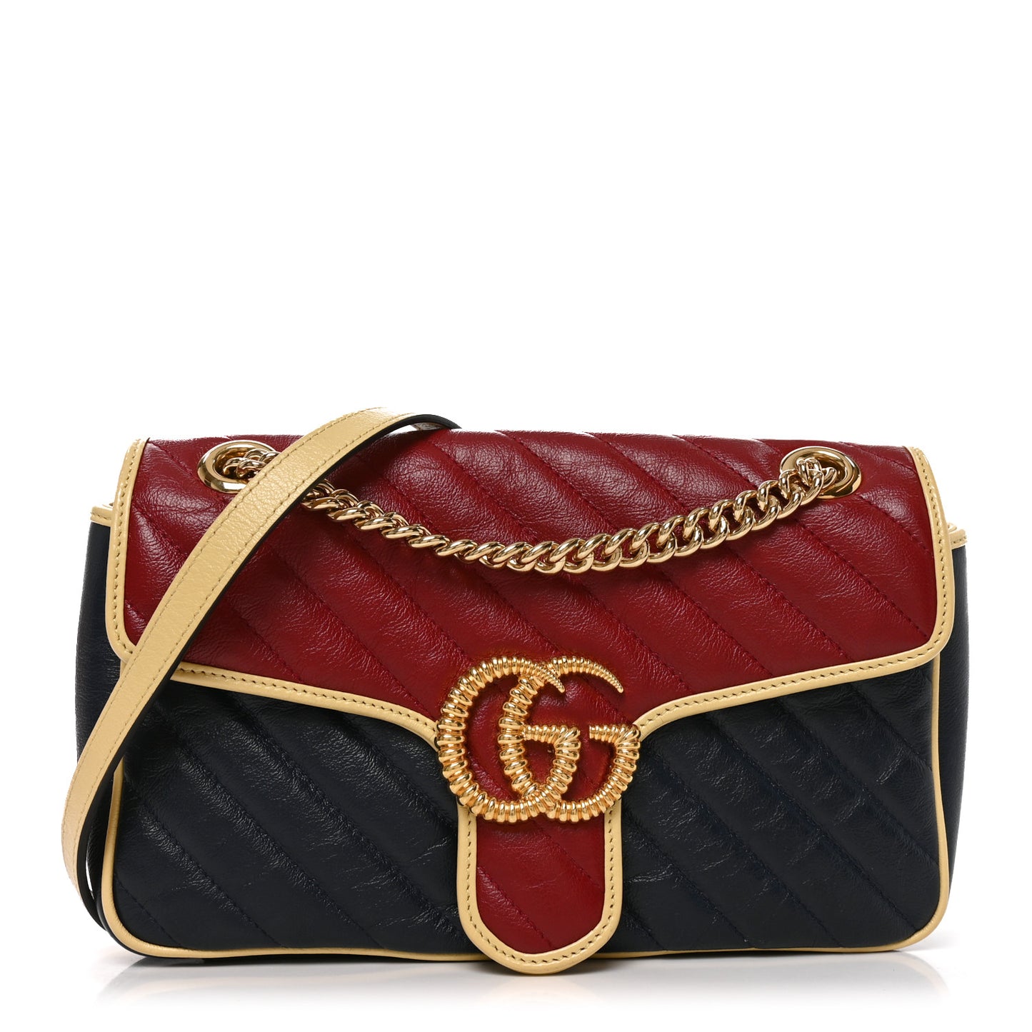 Azalea Calfskin Matelasse Diagonal Small Torchon GG Marmont Shoulder Bag Blue Agata New Cherry Red Butter