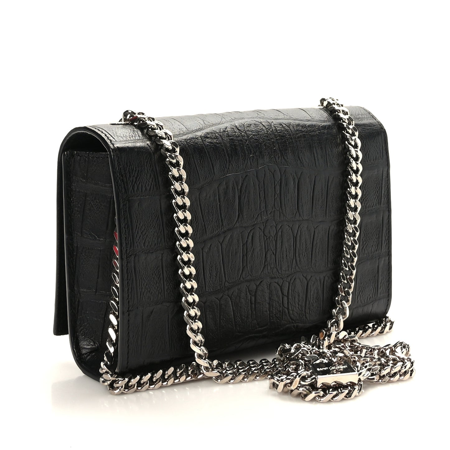 Calfskin Crocodile Embossed Small Classic Monogram Kate Tassel Satchel Black