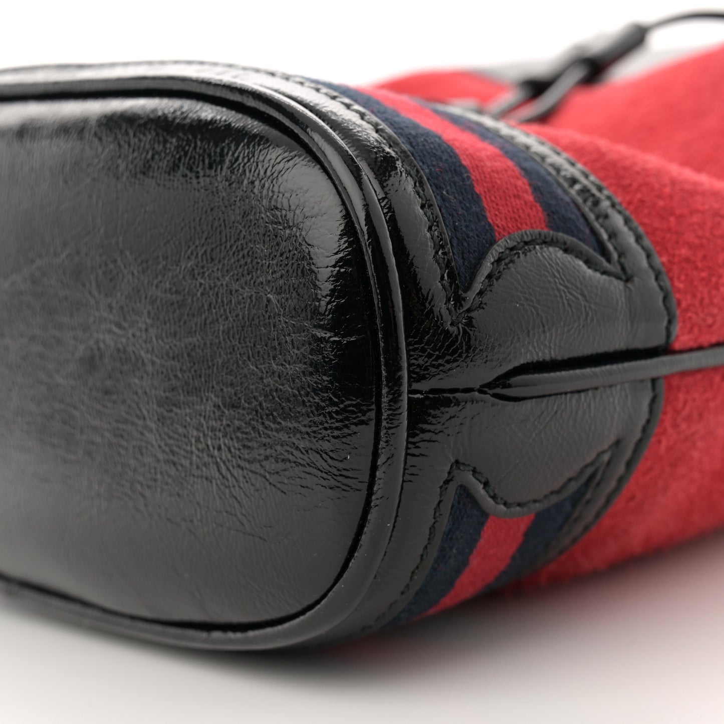 Suede Patent Web Small Ophidia Bucket Bag Hibiscus Red Black
